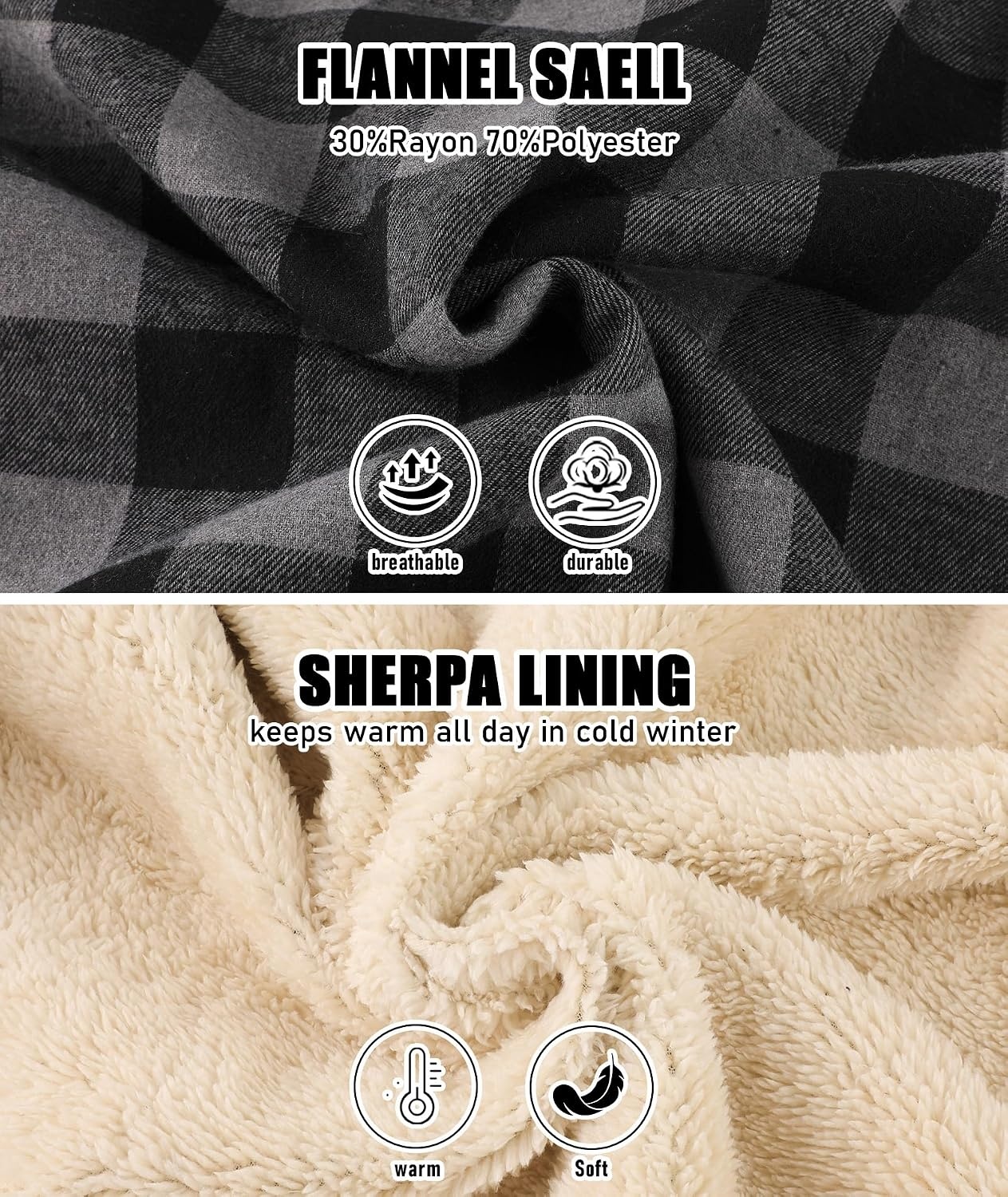 image:imageZITY Mens Flannel Jacket Plaid Zip Up Hoodie Fleece Sherpa Lined SweatshirtDeep Grey