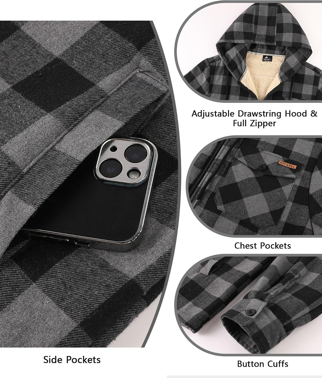 image:imageZITY Mens Flannel Jacket Plaid Zip Up Hoodie Fleece Sherpa Lined SweatshirtDeep Grey