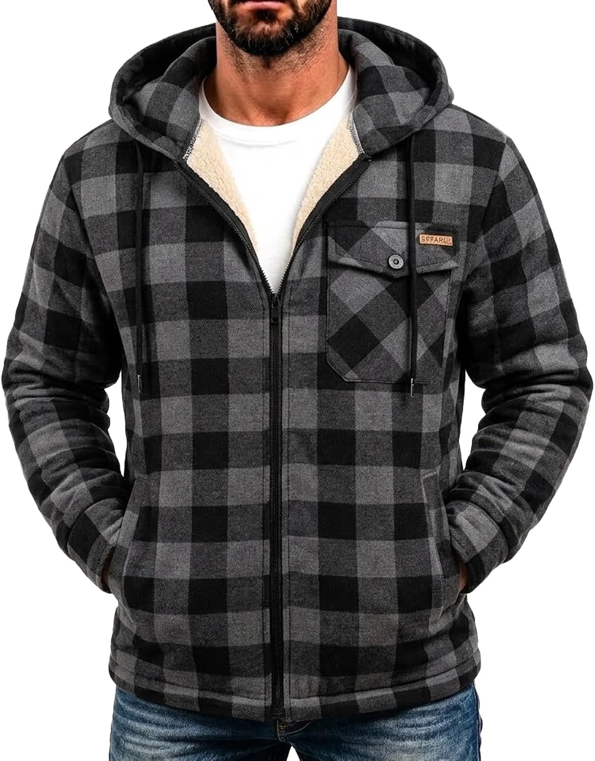 image:imageZITY Mens Flannel Jacket Plaid Zip Up Hoodie Fleece Sherpa Lined SweatshirtDeep Grey