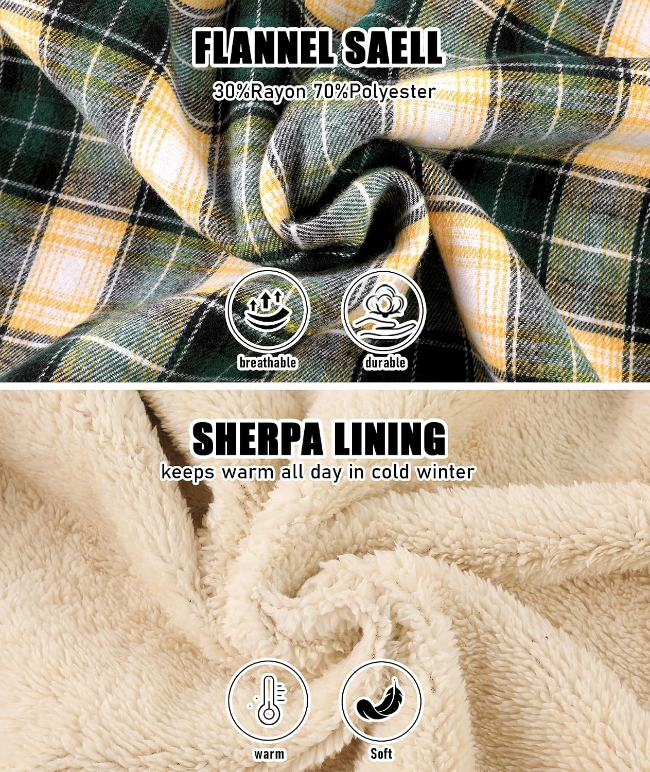 image:imageZITY Mens Flannel Jacket Plaid Zip Up Hoodie Fleece Sherpa Lined SweatshirtGreen Beige