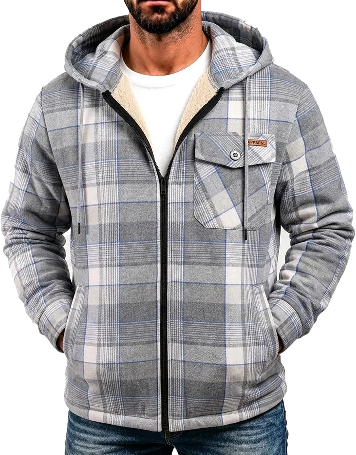 image:imageZITY Mens Flannel Jacket Plaid Zip Up Hoodie Fleece Sherpa Lined SweatshirtGrey