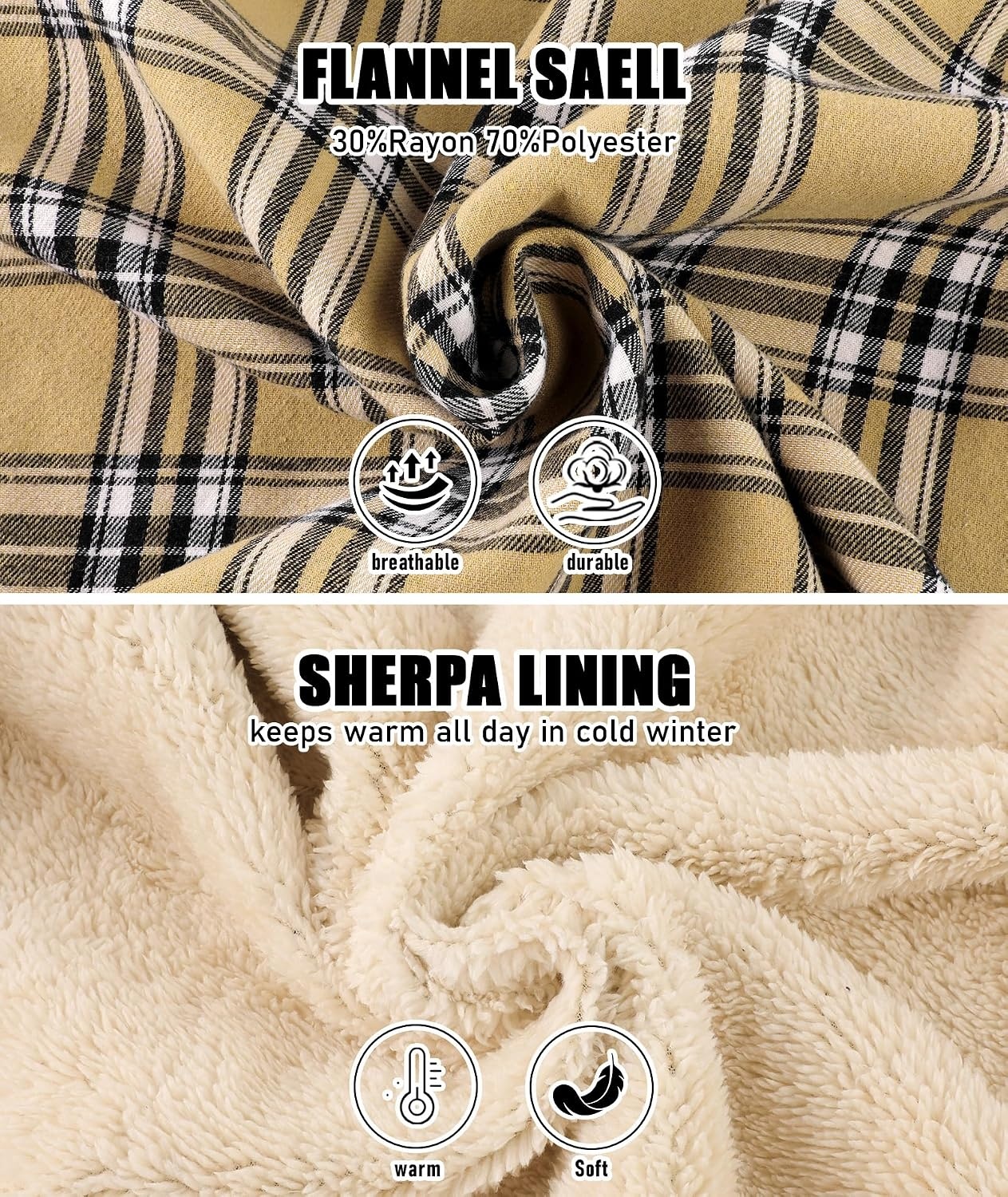 image:imageZITY Mens Flannel Jacket Plaid Zip Up Hoodie Fleece Sherpa Lined SweatshirtKhaki