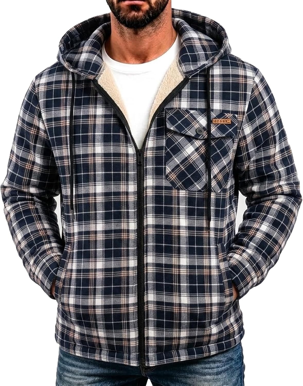 image:imageZITY Mens Flannel Jacket Plaid Zip Up Hoodie Fleece Sherpa Lined SweatshirtNavy White