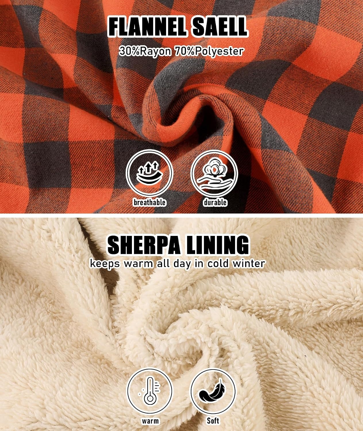 image:imageZITY Mens Flannel Jacket Plaid Zip Up Hoodie Fleece Sherpa Lined SweatshirtOrange