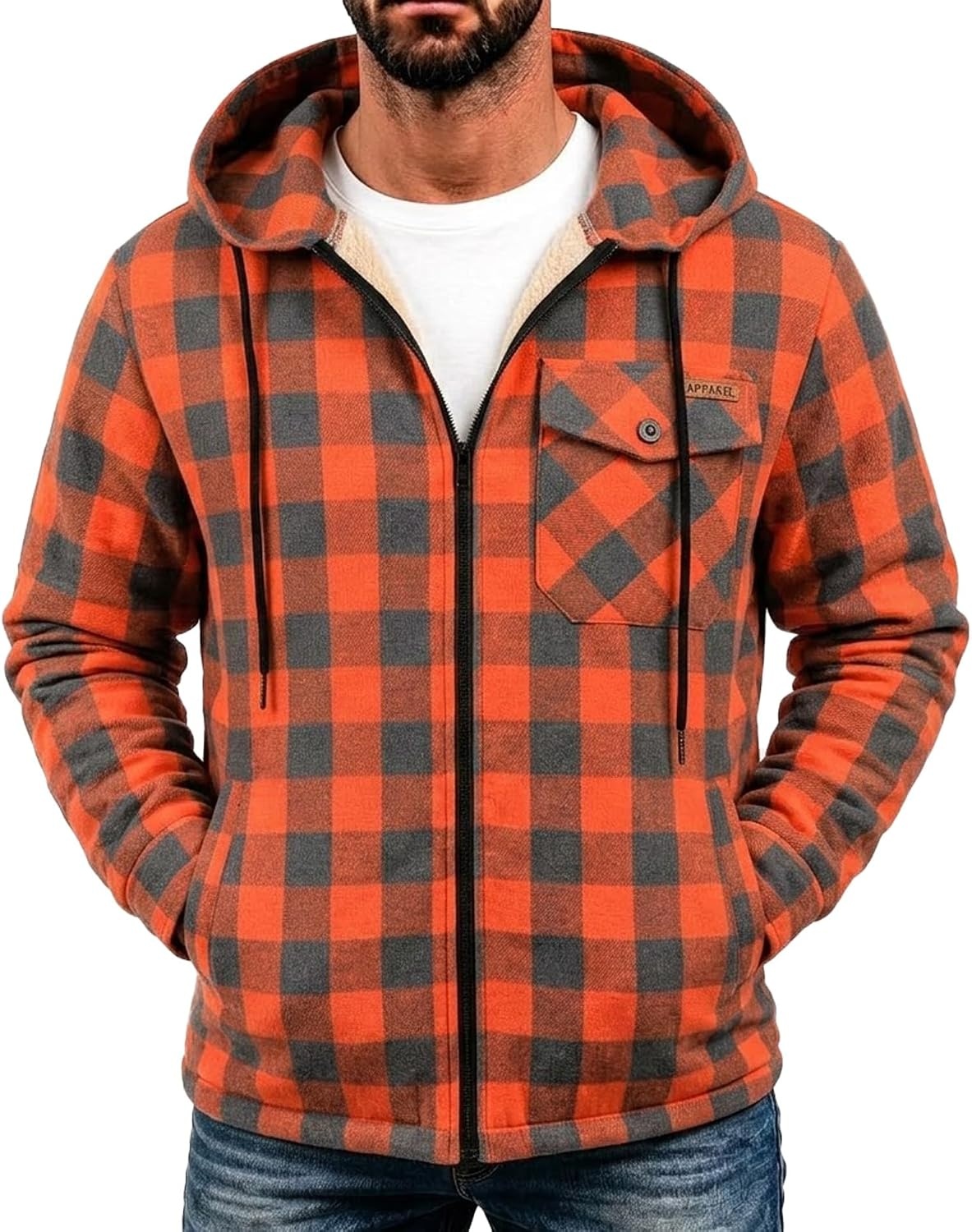 image:imageZITY Mens Flannel Jacket Plaid Zip Up Hoodie Fleece Sherpa Lined SweatshirtOrange