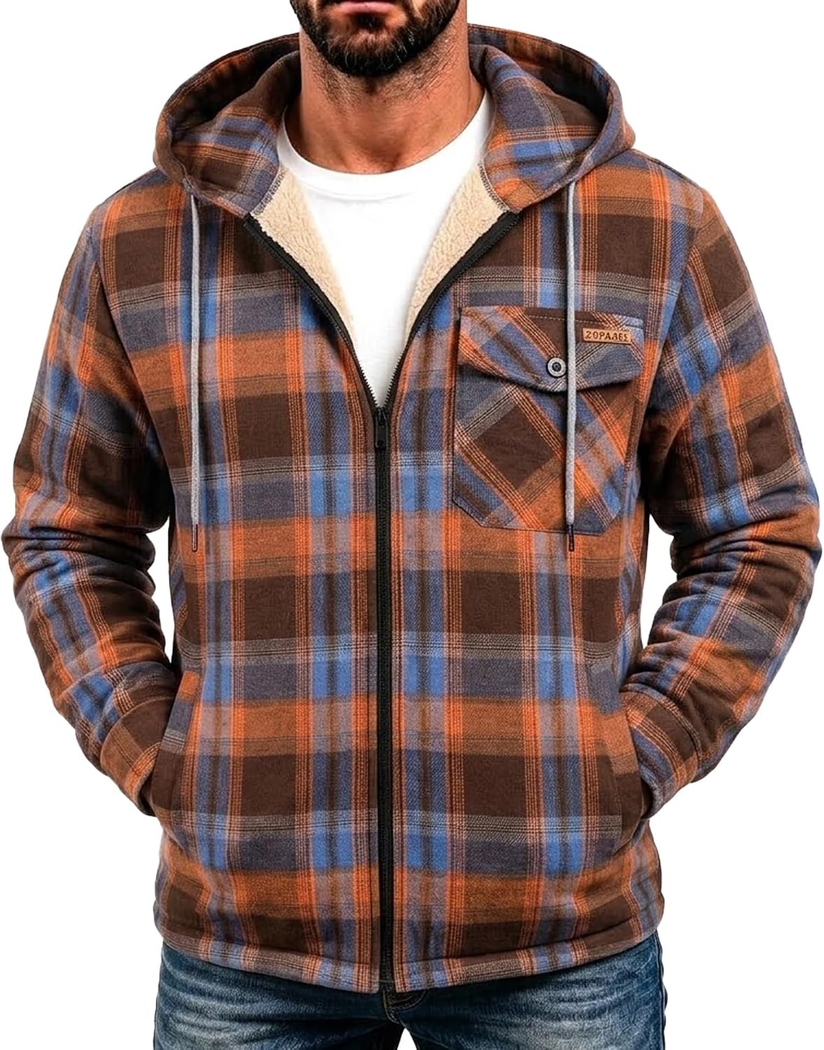 image:imageZITY Mens Flannel Jacket Plaid Zip Up Hoodie Fleece Sherpa Lined SweatshirtOrange Blue