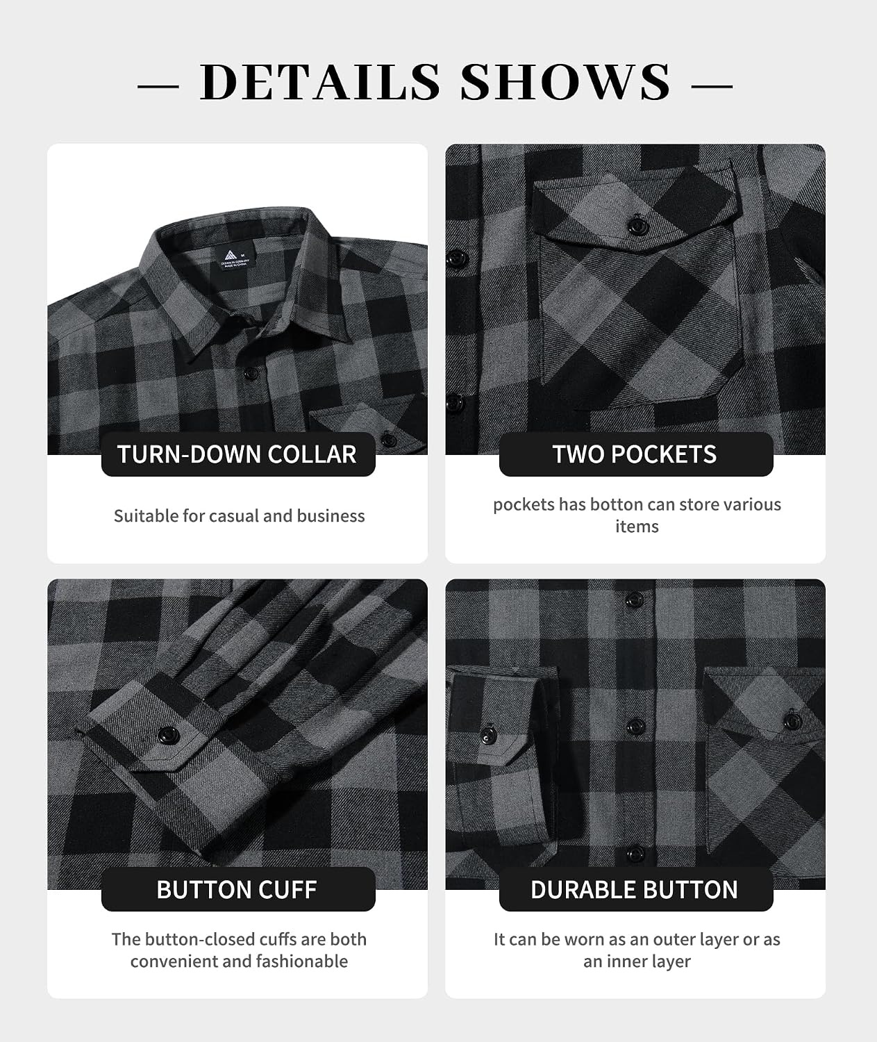 image:imageZITY Mens Flannel Shirt Long Sleeve Plaid Shirt with Pocket ShirtsOne Dark Grey