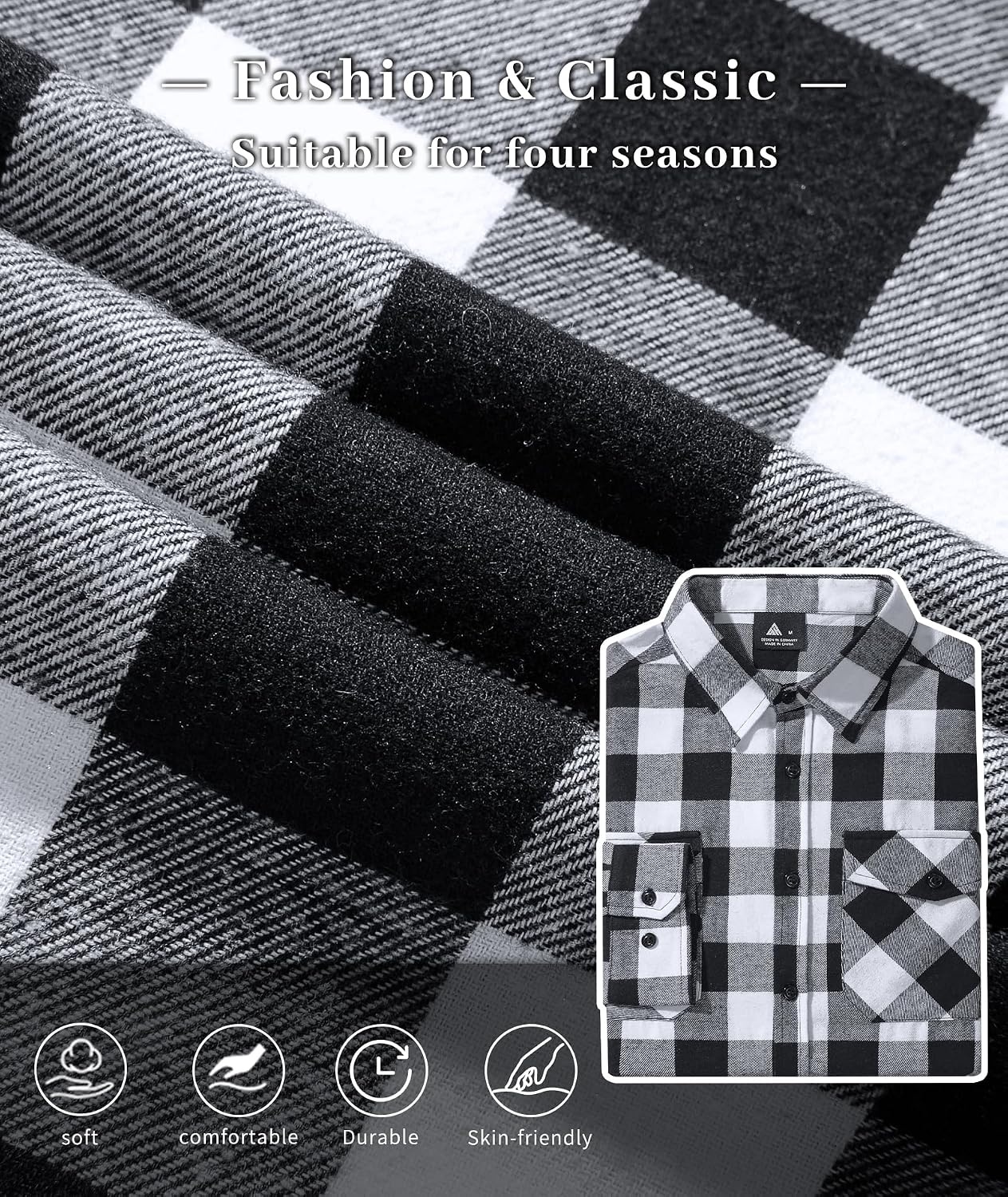 image:imageZITY Mens Flannel Shirt Long Sleeve Plaid Shirt with Pocket ShirtsOne Whiteblack