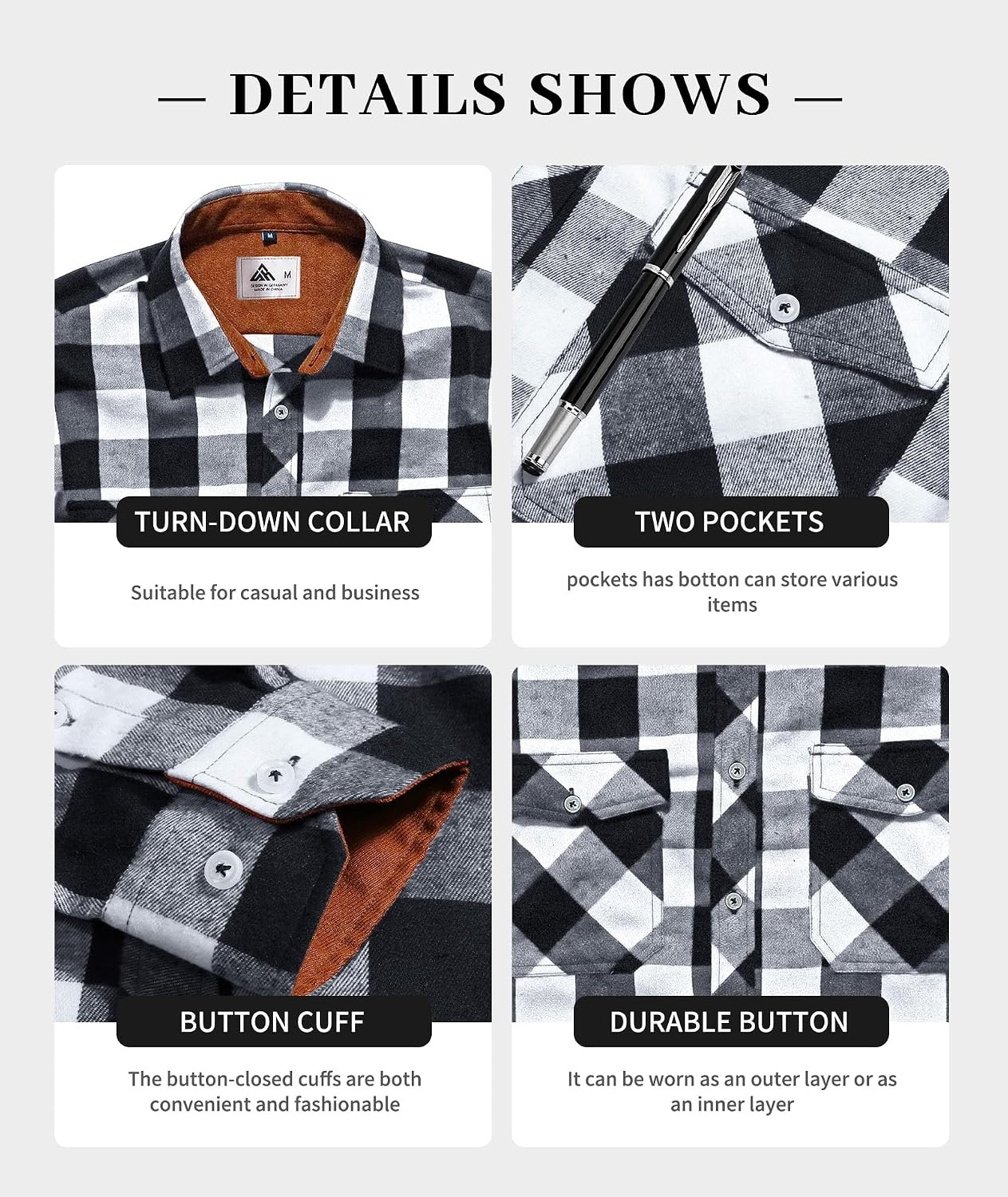 image:imageZITY Mens Flannel Shirt Long Sleeve Plaid Shirt with Pocket ShirtsY One Blackwhite