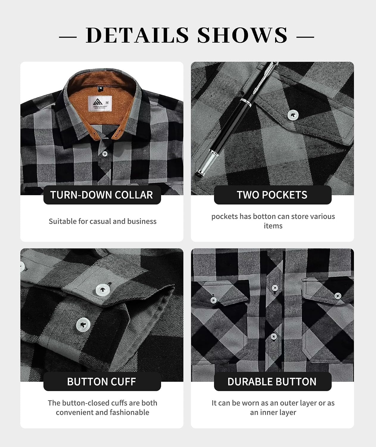 image:imageZITY Mens Flannel Shirt Long Sleeve Plaid Shirt with Pocket ShirtsY One Darkgrey