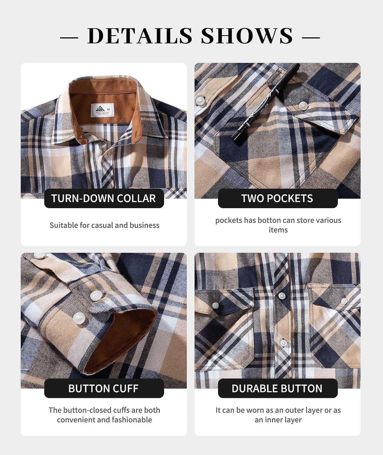 image:imageZITY Mens Flannel Shirt Long Sleeve Plaid Shirt with Pocket ShirtsY One Navybeige