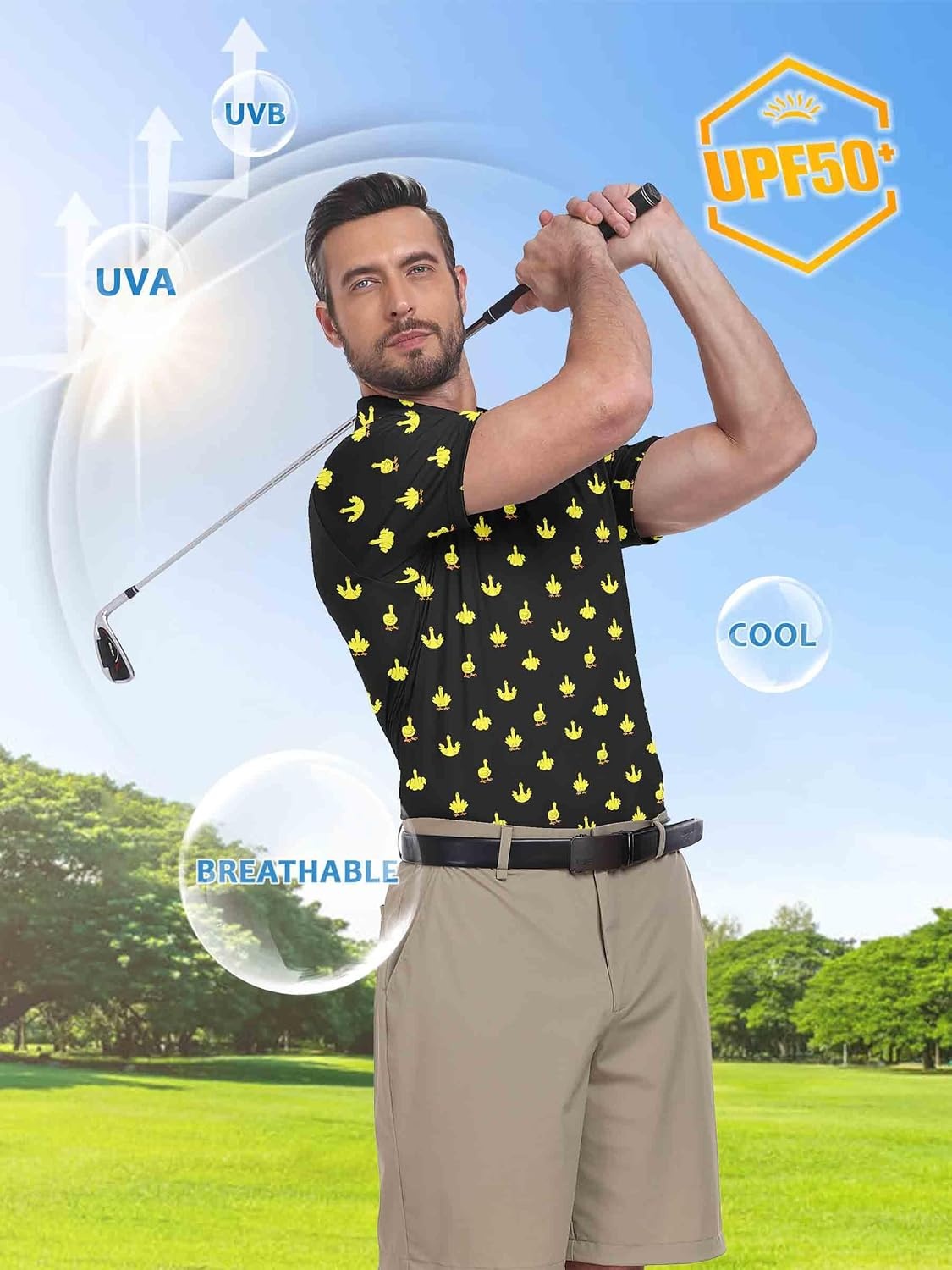 image:imageZITY Mens Golf Shirts Short Sleeve Print Moisture Wicking Polo ShirtBlack Duck Gesture