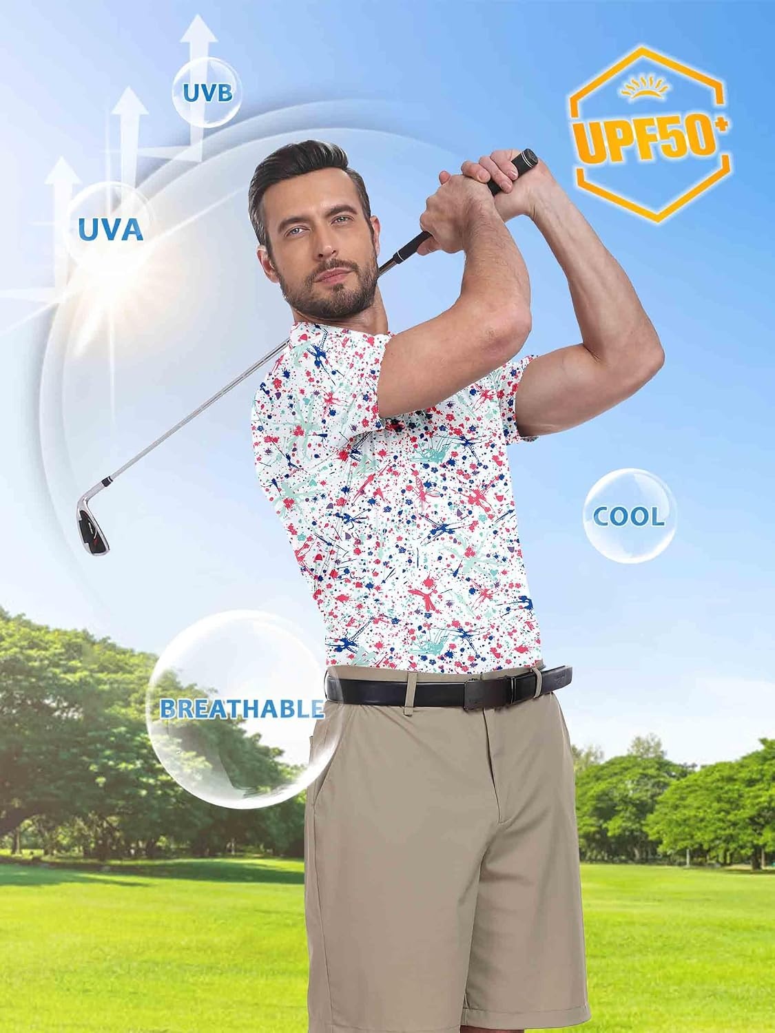 image:imageZITY Mens Golf Shirts Short Sleeve Print Moisture Wicking Polo ShirtBlue Pink Paint