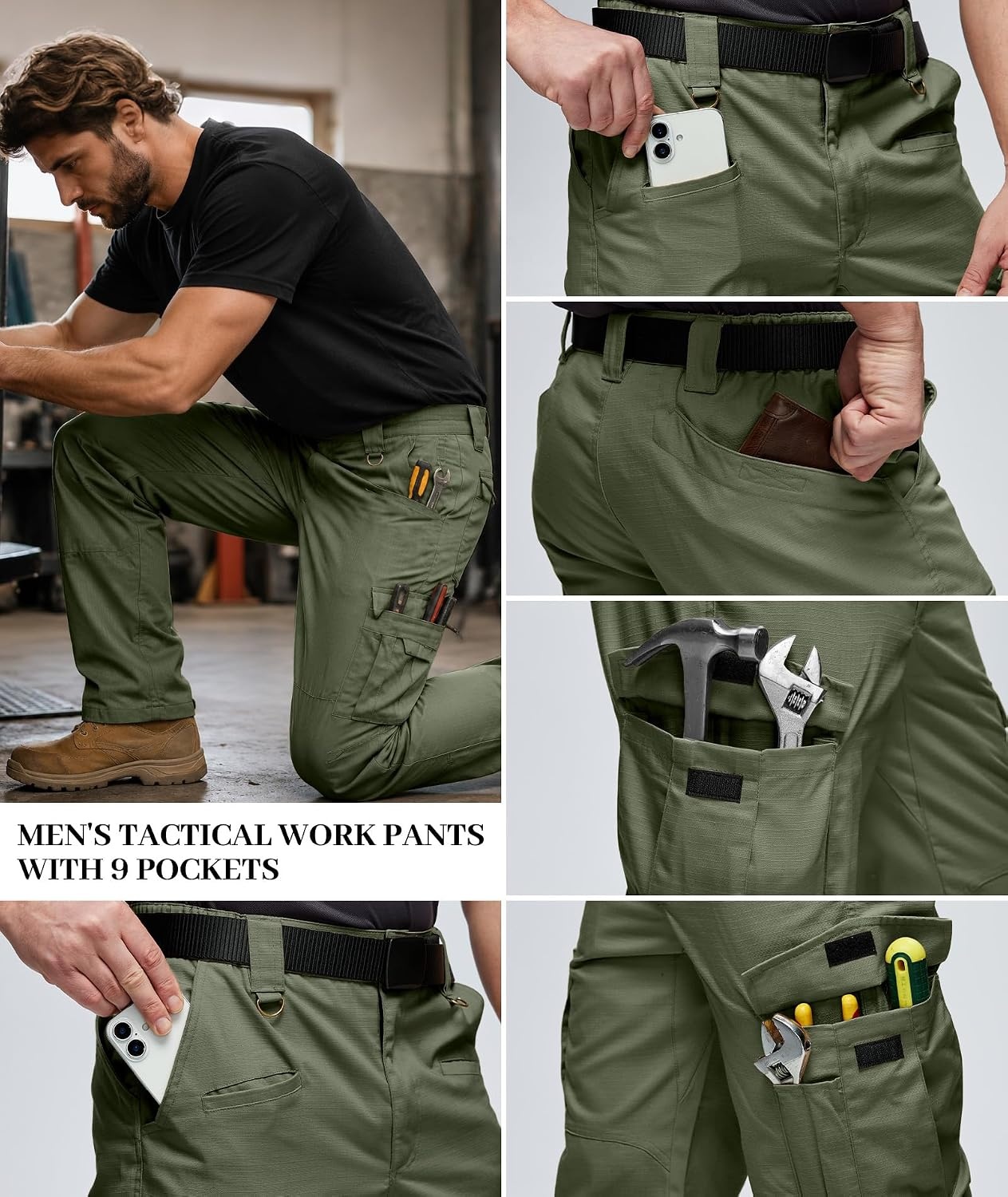 image:imageZITY Mens Tactical Work Cargo Pants Ripstop Water Resistant 9 PocketMilitary Green