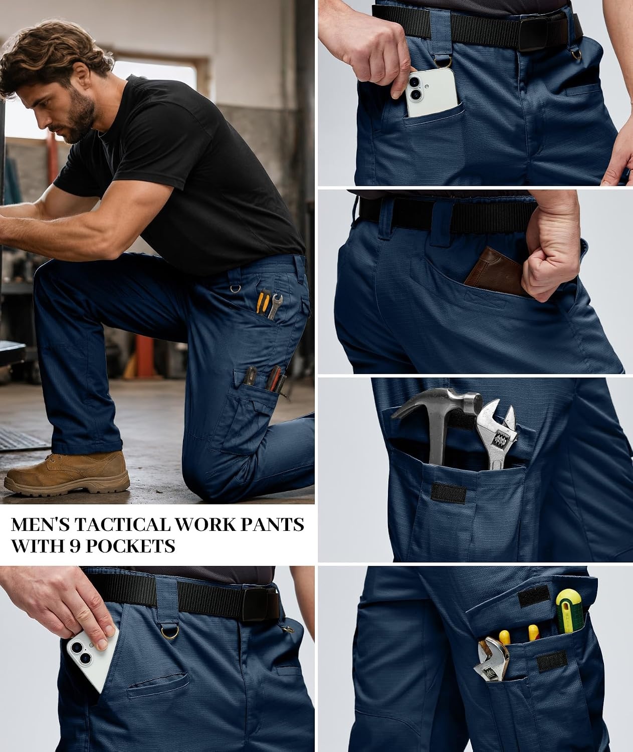 image:imageZITY Mens Tactical Work Cargo Pants Ripstop Water Resistant 9 PocketNavy Blue