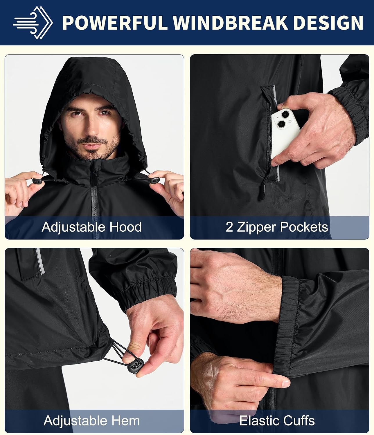 image:imageZITY Mens Waterproof Rain Jacket Windbreaker Raincoat Hooded amp MeshLinedBlack