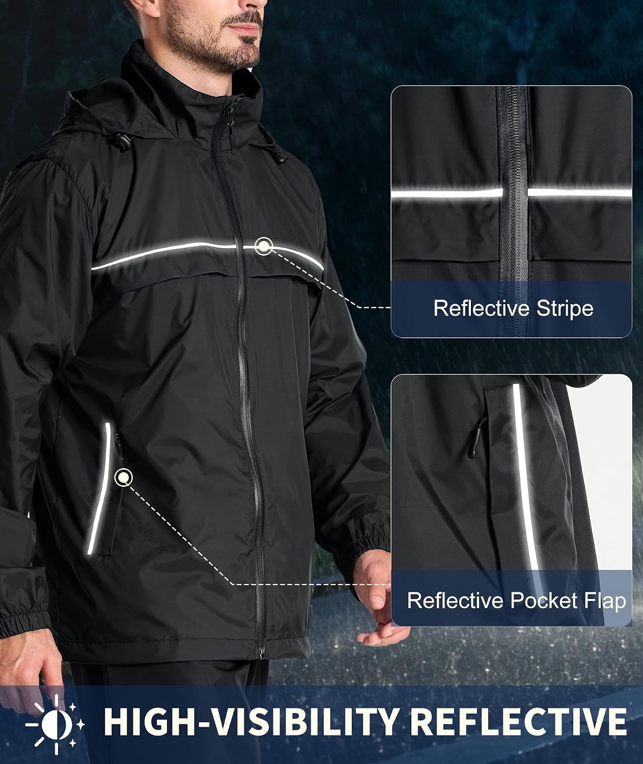 image:imageZITY Mens Waterproof Rain Jacket Windbreaker Raincoat Hooded amp MeshLinedBlack