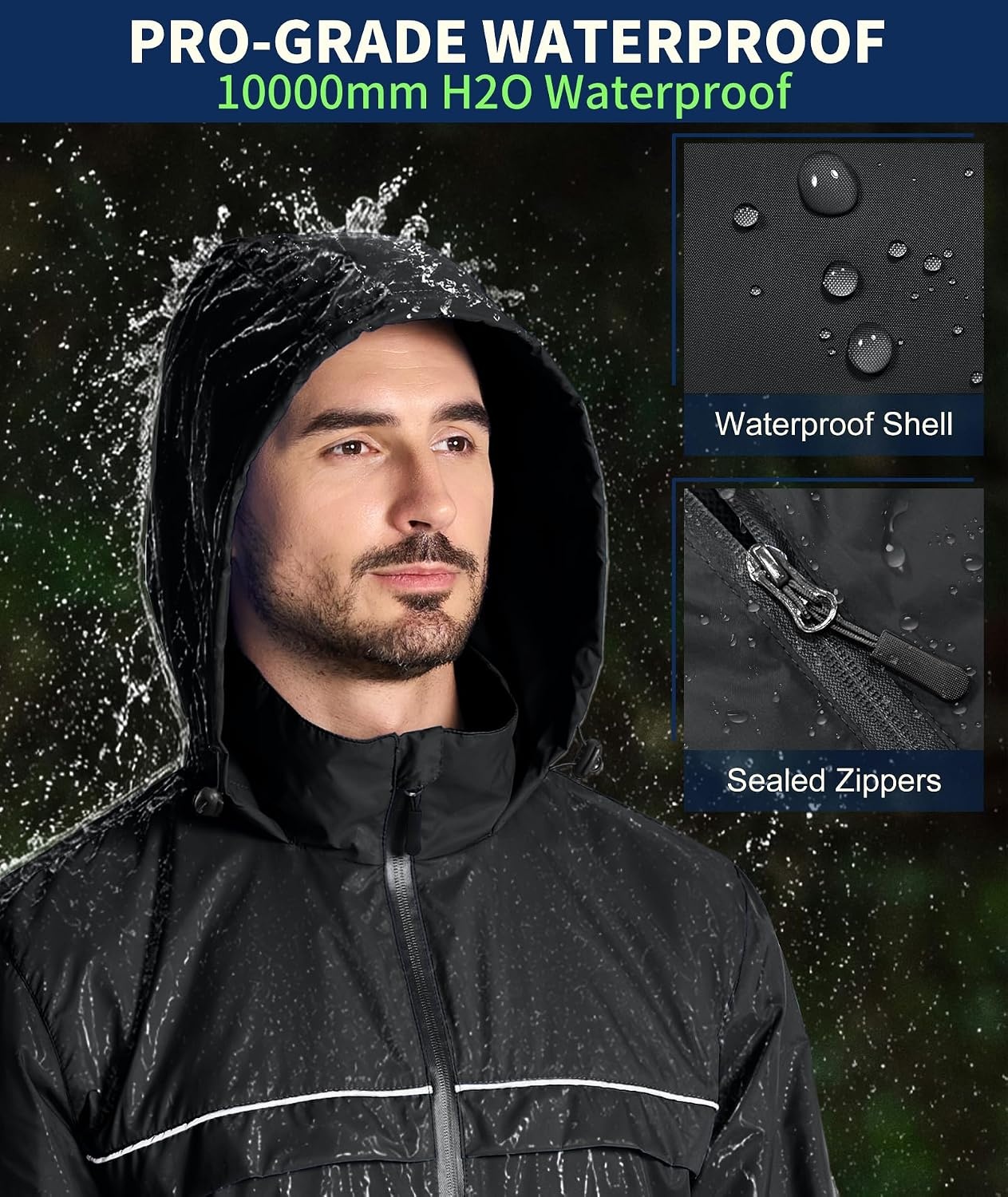 image:imageZITY Mens Waterproof Rain Jacket Windbreaker Raincoat Hooded amp MeshLinedBlack