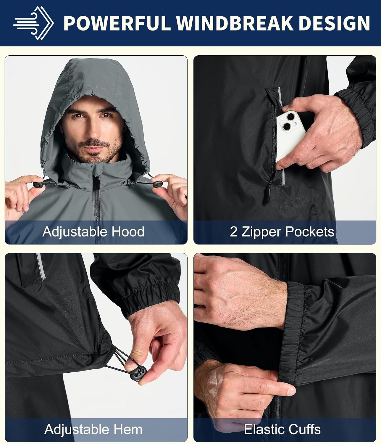 image:imageZITY Mens Waterproof Rain Jacket Windbreaker Raincoat Hooded amp MeshLinedBlackGrey