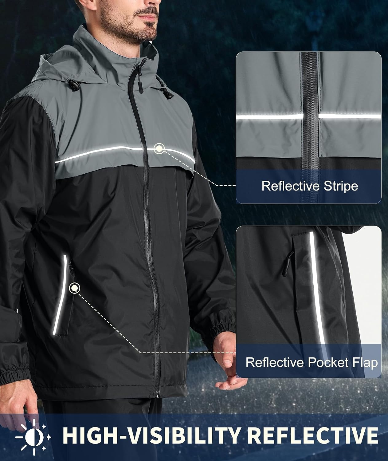 image:imageZITY Mens Waterproof Rain Jacket Windbreaker Raincoat Hooded amp MeshLinedBlackGrey