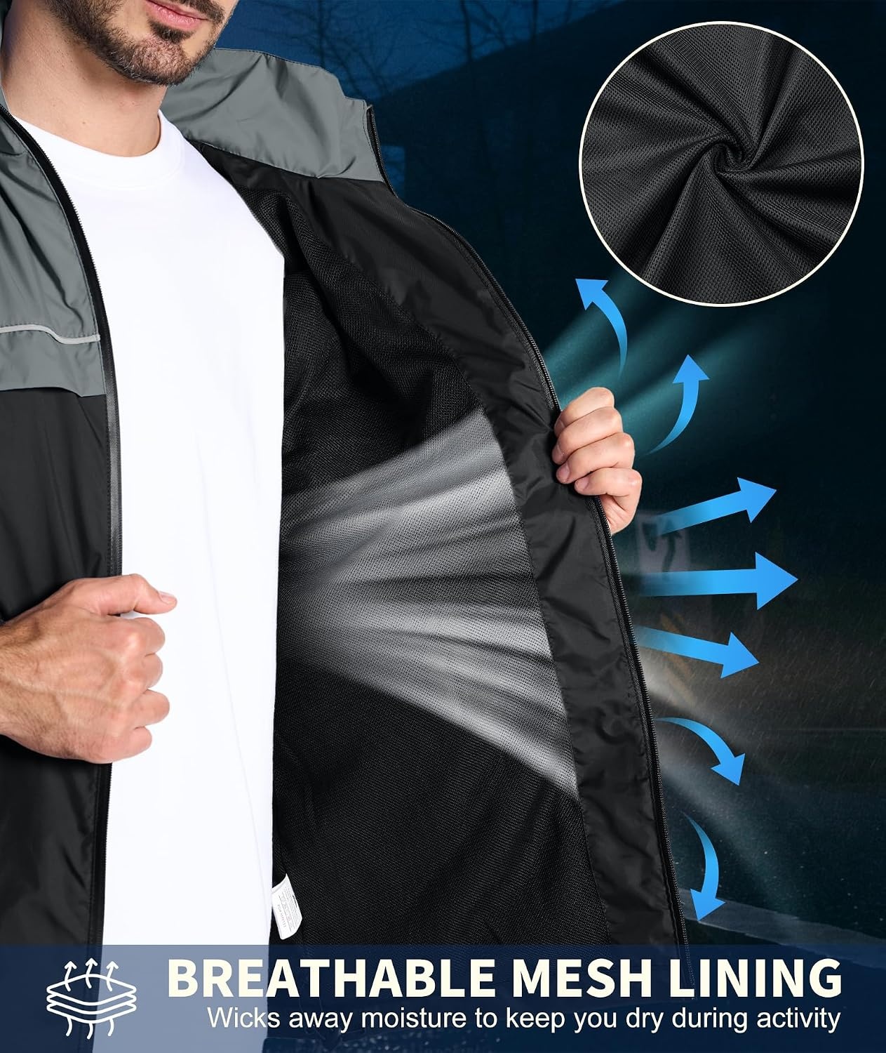 image:imageZITY Mens Waterproof Rain Jacket Windbreaker Raincoat Hooded amp MeshLinedBlackGrey