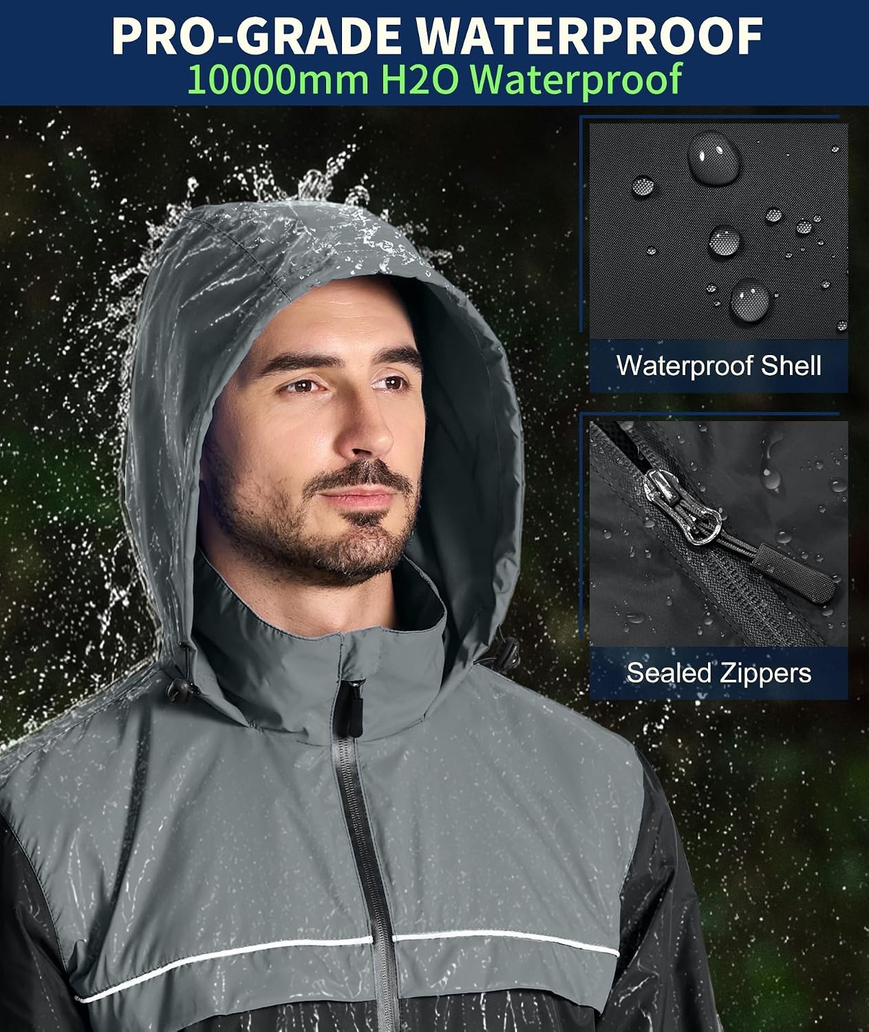 image:imageZITY Mens Waterproof Rain Jacket Windbreaker Raincoat Hooded amp MeshLinedBlackGrey