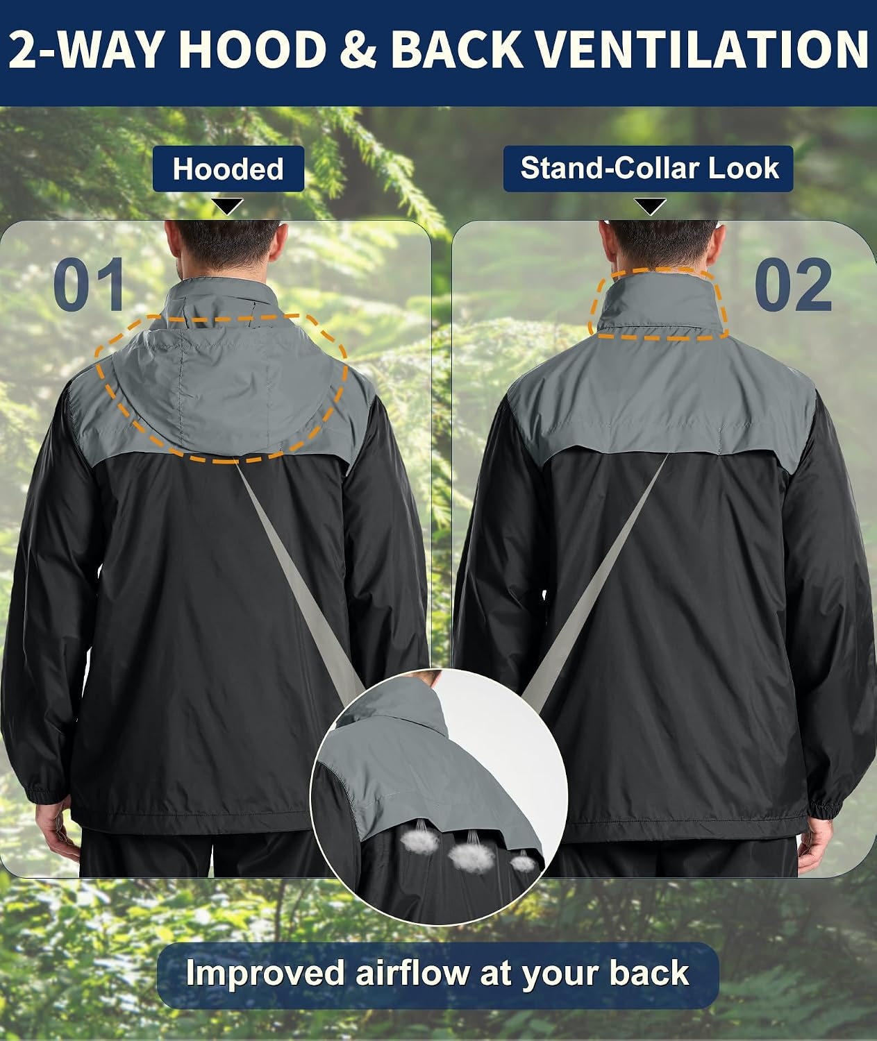 image:imageZITY Mens Waterproof Rain Jacket Windbreaker Raincoat Hooded amp MeshLinedBlackGrey