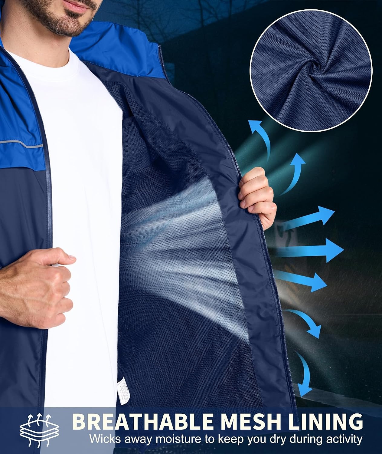 image:imageZITY Mens Waterproof Rain Jacket Windbreaker Raincoat Hooded amp MeshLinedDark BlueLight Blue