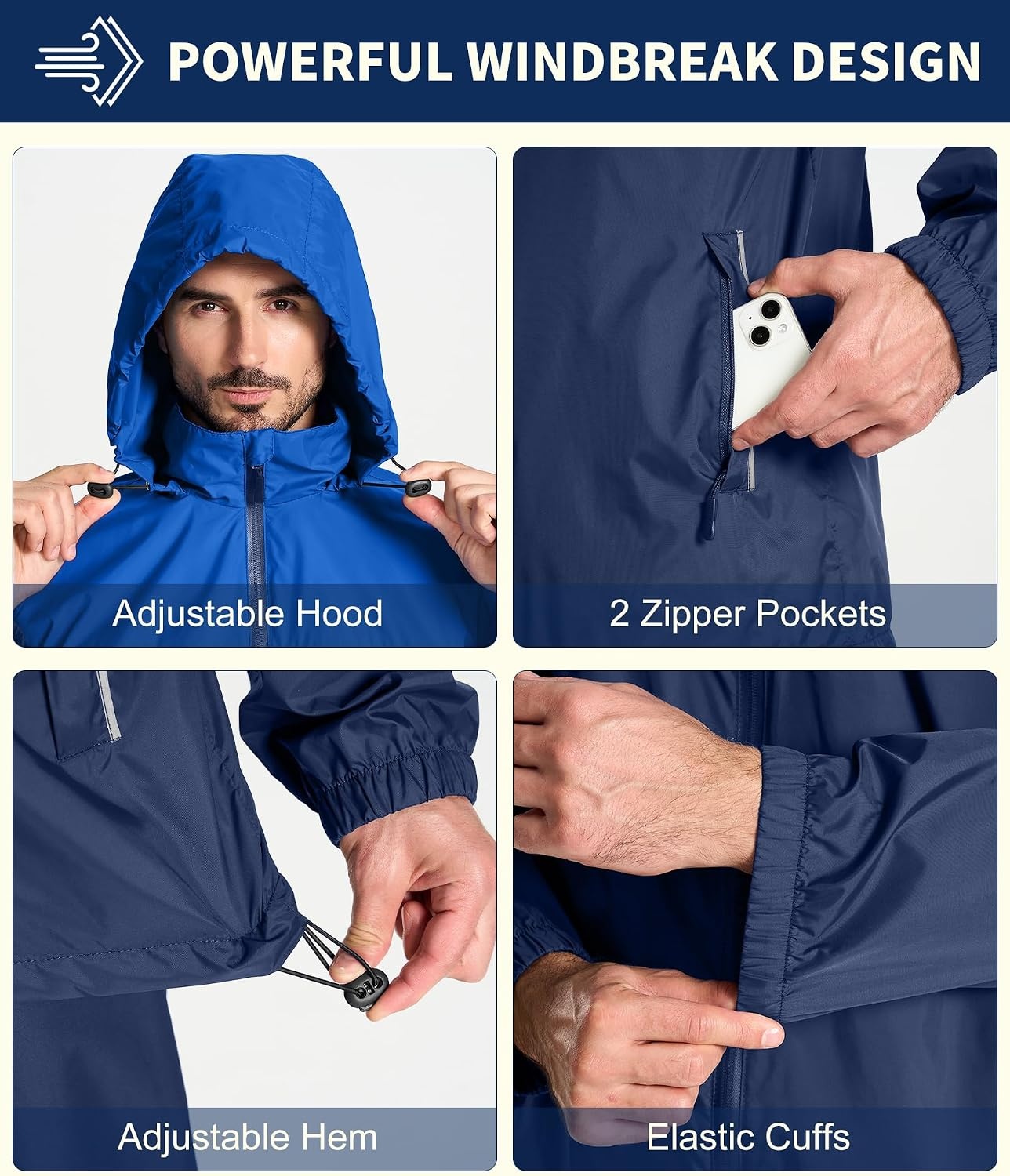 image:imageZITY Mens Waterproof Rain Jacket Windbreaker Raincoat Hooded amp MeshLinedDark BlueLight Blue