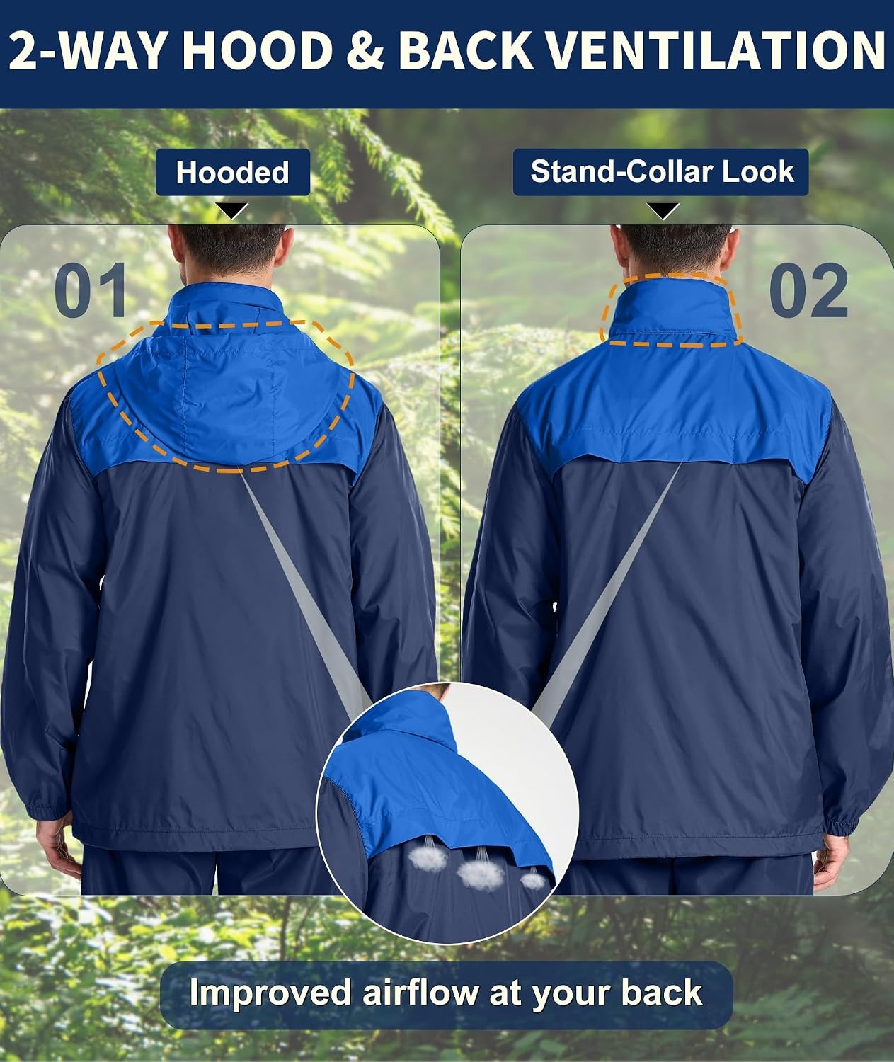 image:imageZITY Mens Waterproof Rain Jacket Windbreaker Raincoat Hooded amp MeshLinedDark BlueLight Blue