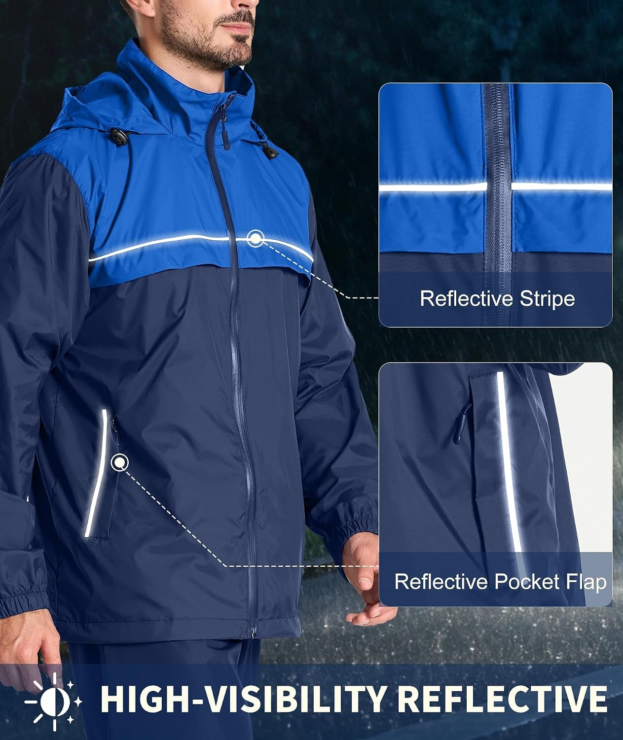 image:imageZITY Mens Waterproof Rain Jacket Windbreaker Raincoat Hooded amp MeshLinedDark BlueLight Blue
