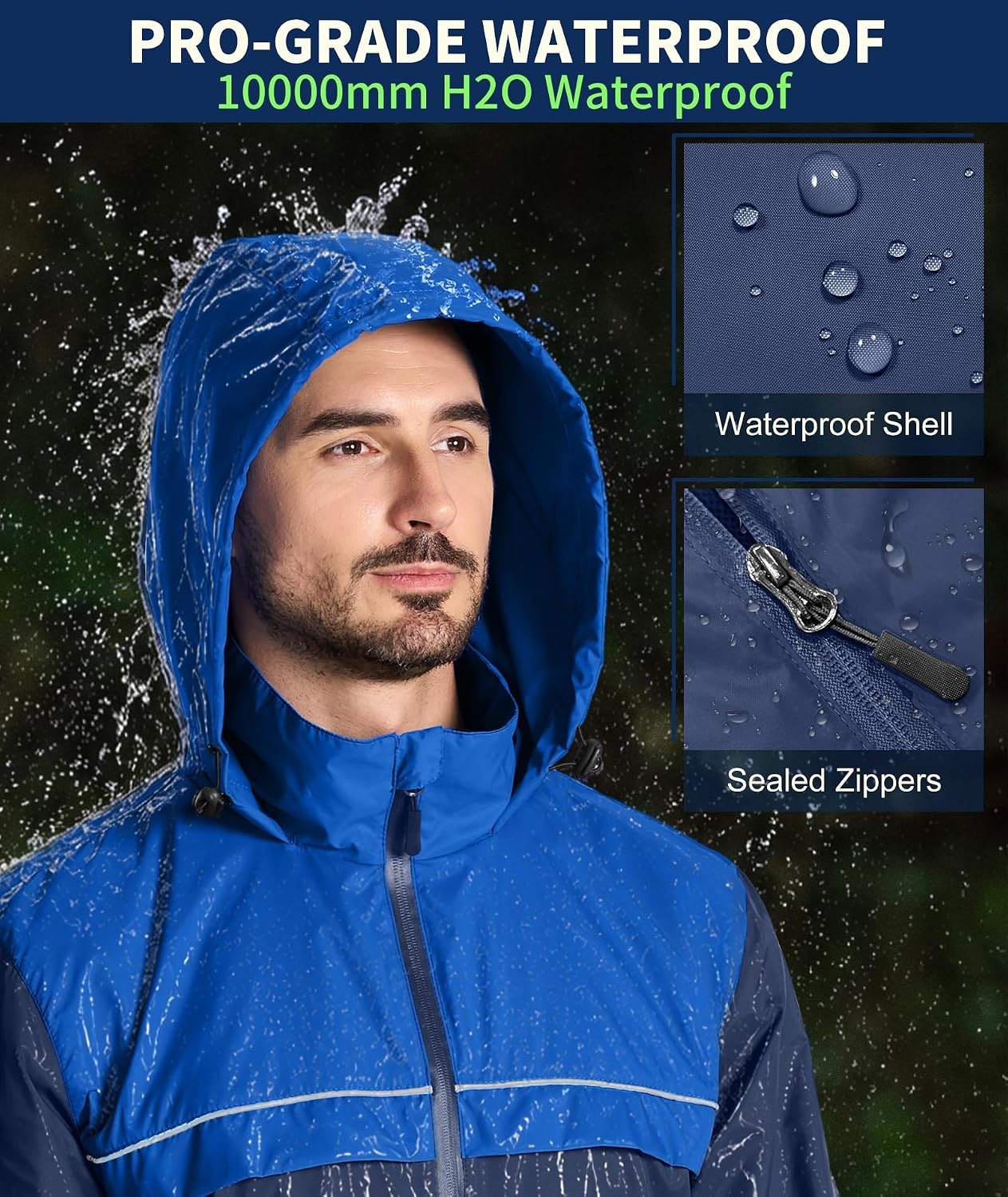 image:imageZITY Mens Waterproof Rain Jacket Windbreaker Raincoat Hooded amp MeshLinedDark BlueLight Blue