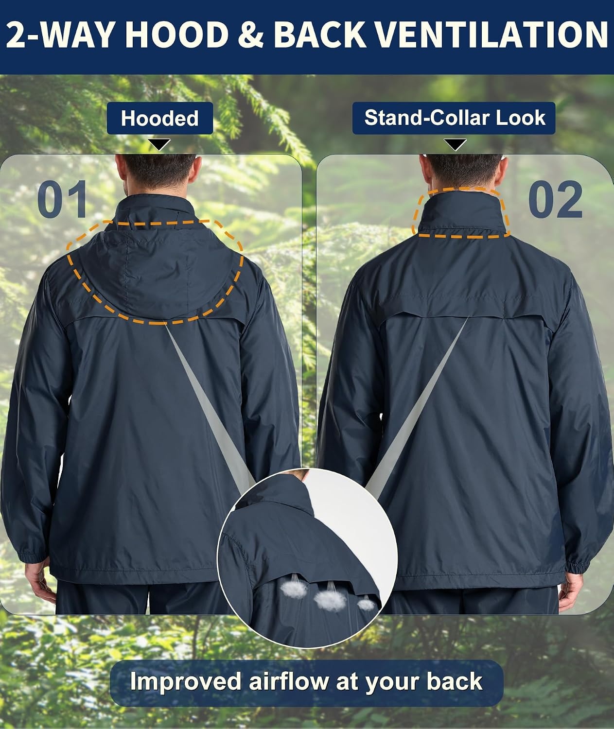 image:imageZITY Mens Waterproof Rain Jacket Windbreaker Raincoat Hooded amp MeshLinedGray Blue