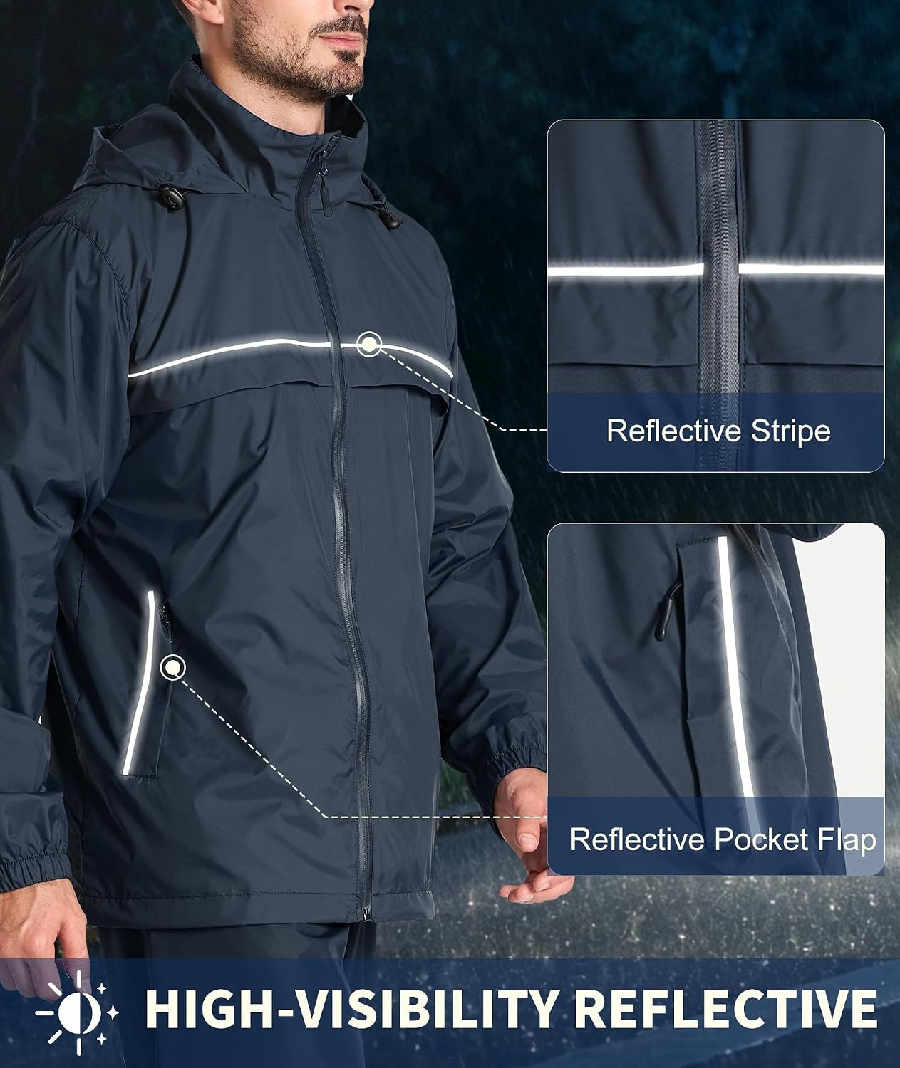 image:imageZITY Mens Waterproof Rain Jacket Windbreaker Raincoat Hooded amp MeshLinedGray Blue