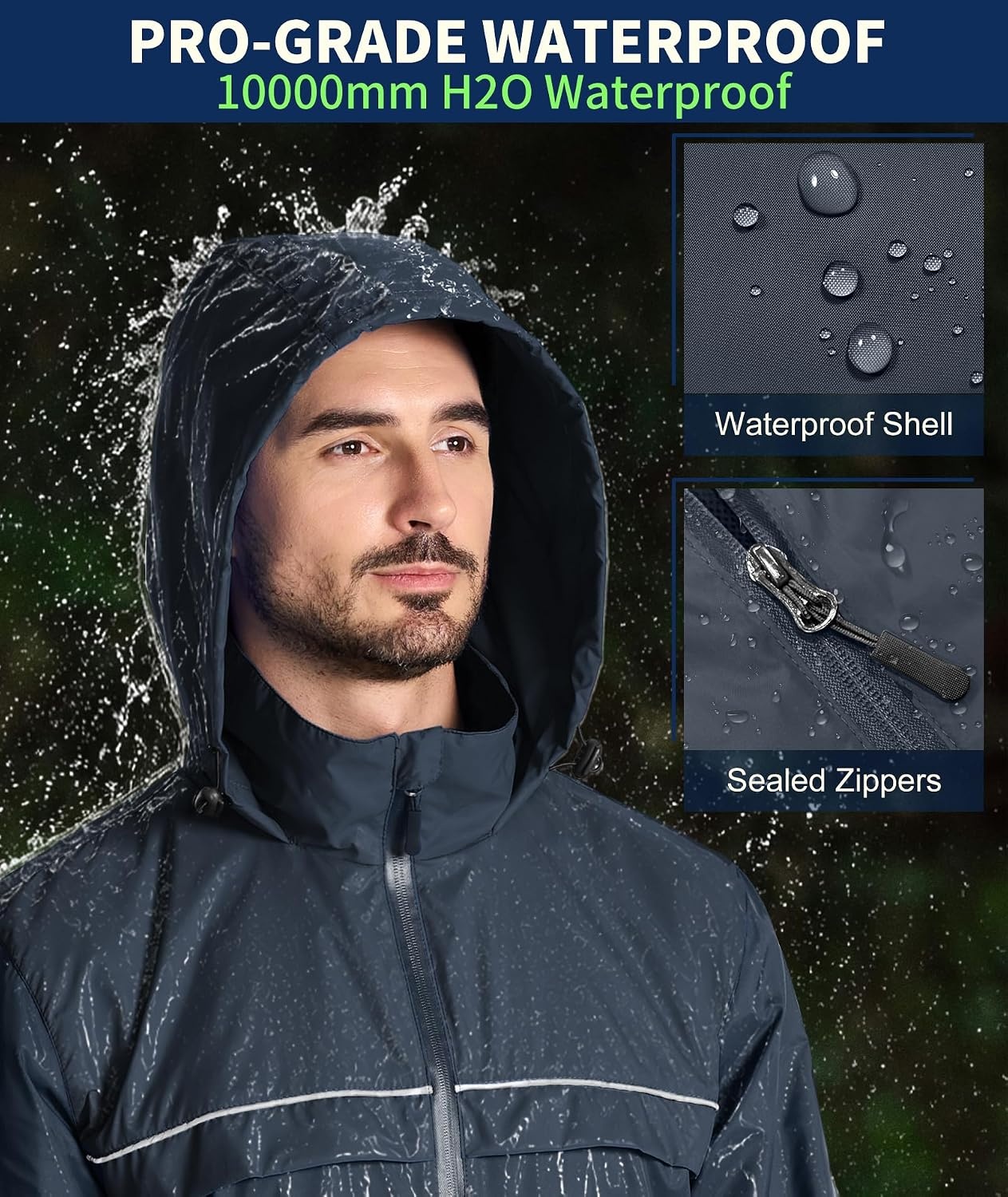 image:imageZITY Mens Waterproof Rain Jacket Windbreaker Raincoat Hooded amp MeshLinedGray Blue