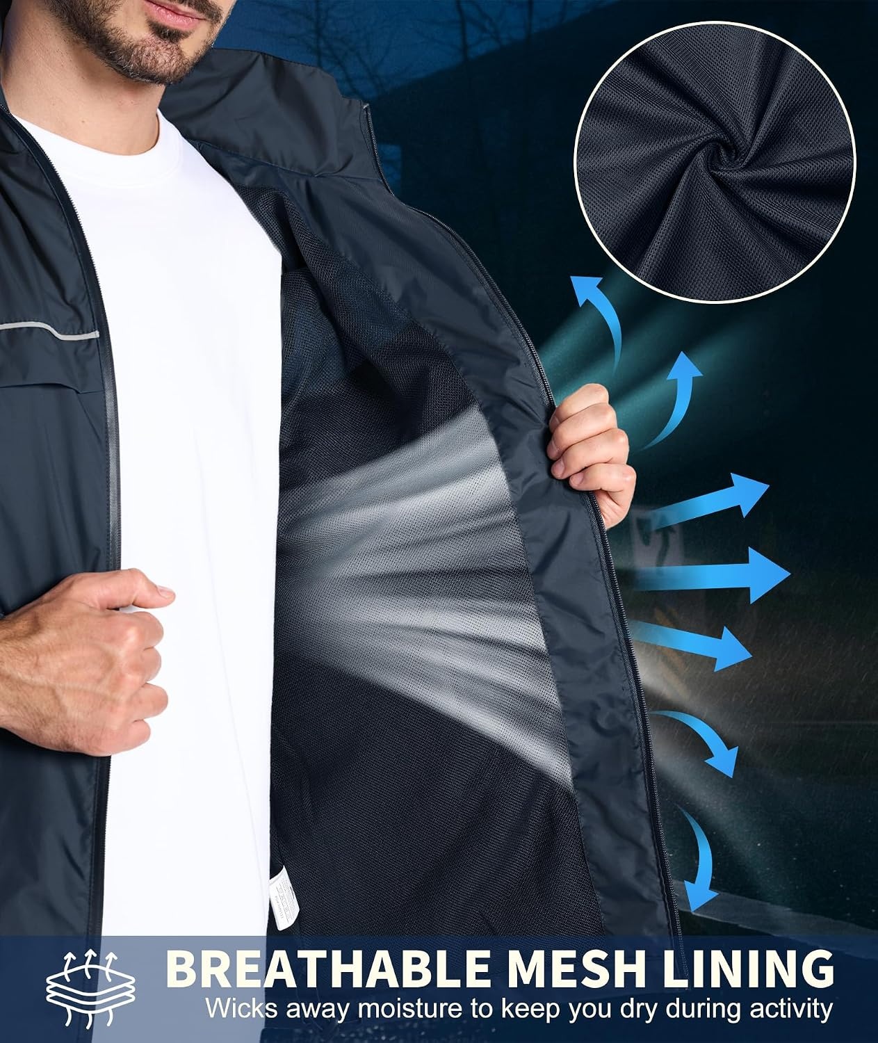 image:imageZITY Mens Waterproof Rain Jacket Windbreaker Raincoat Hooded amp MeshLinedGray Blue