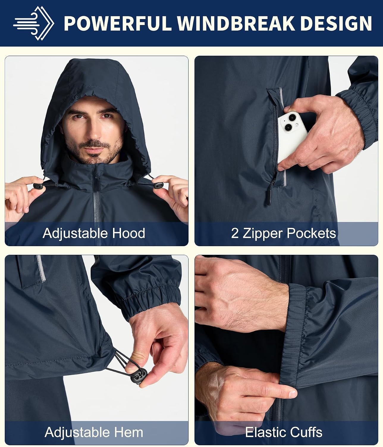 image:imageZITY Mens Waterproof Rain Jacket Windbreaker Raincoat Hooded amp MeshLinedGray Blue