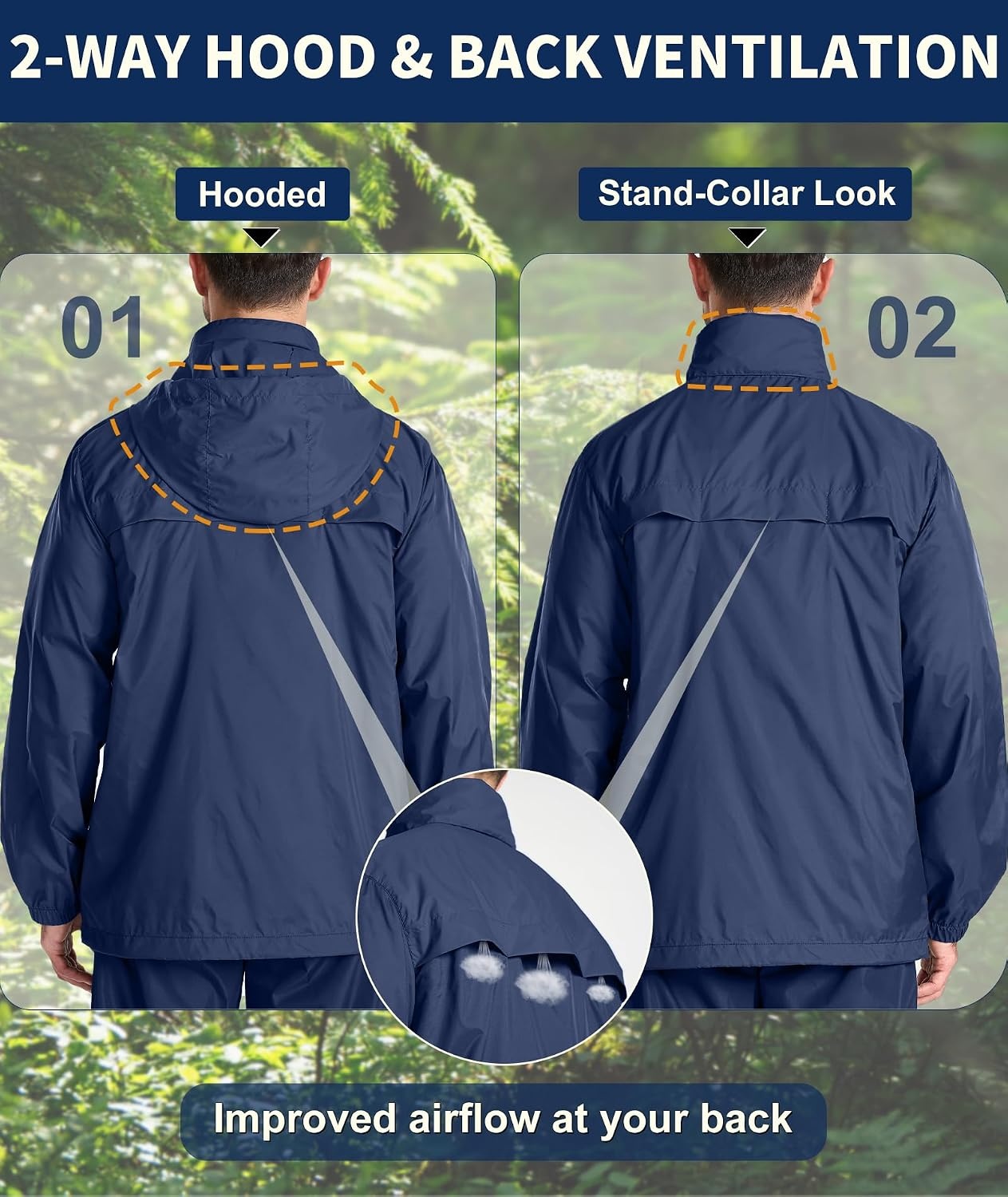 image:imageZITY Mens Waterproof Rain Jacket Windbreaker Raincoat Hooded amp MeshLinedNavy Blue