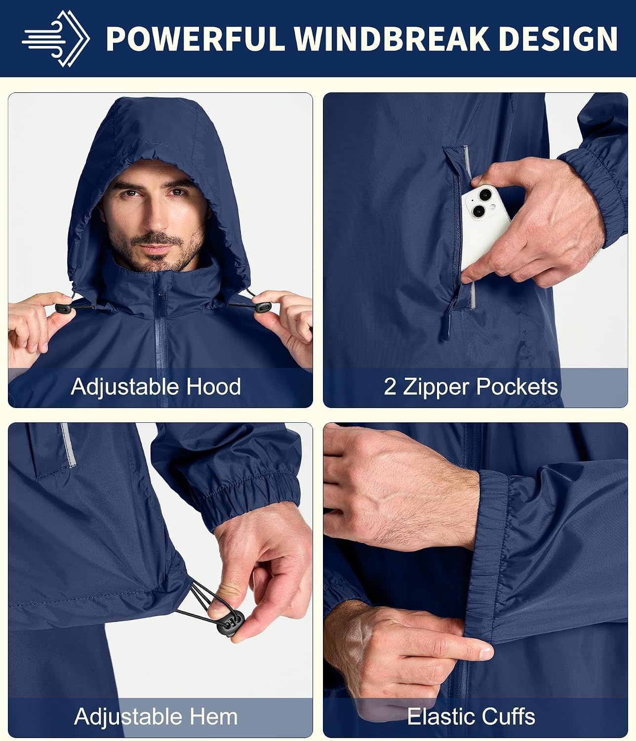 image:imageZITY Mens Waterproof Rain Jacket Windbreaker Raincoat Hooded amp MeshLinedNavy Blue