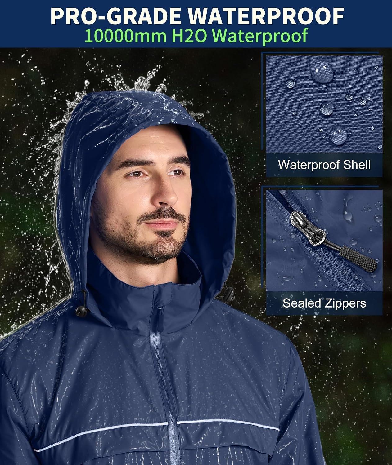 image:imageZITY Mens Waterproof Rain Jacket Windbreaker Raincoat Hooded amp MeshLinedNavy Blue