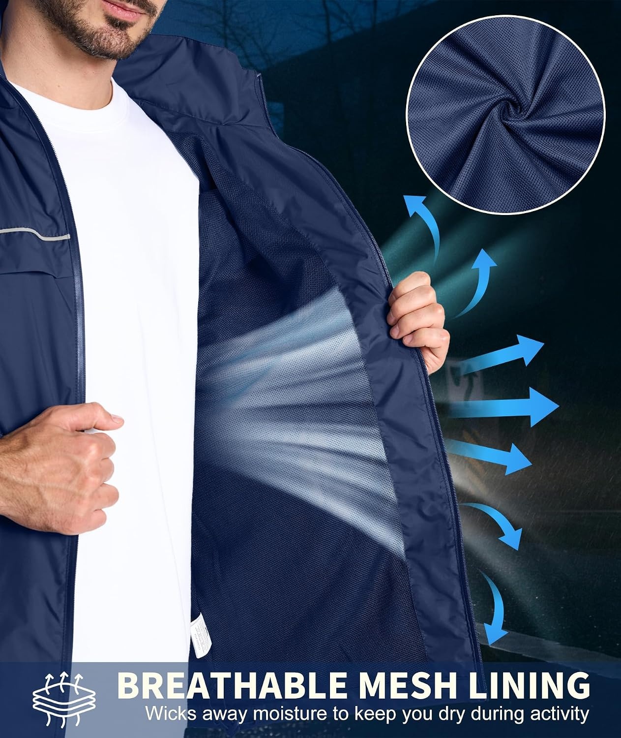 image:imageZITY Mens Waterproof Rain Jacket Windbreaker Raincoat Hooded amp MeshLinedNavy Blue