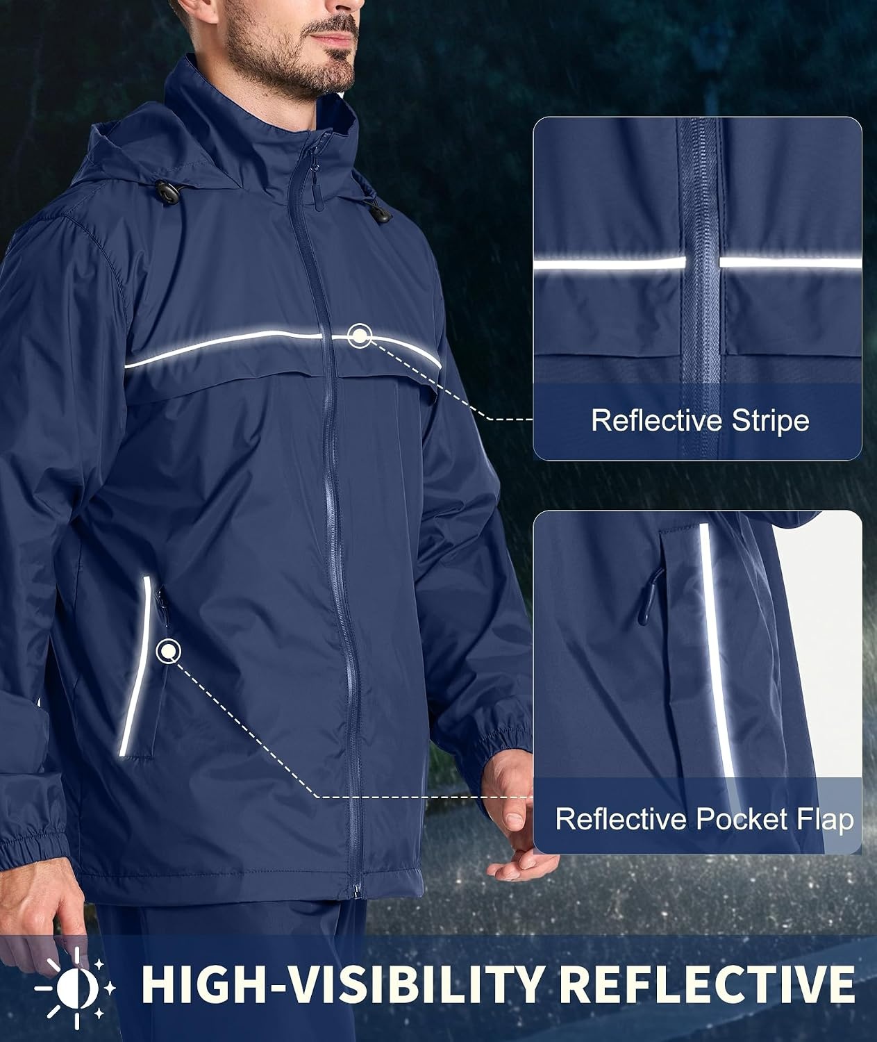 image:imageZITY Mens Waterproof Rain Jacket Windbreaker Raincoat Hooded amp MeshLinedNavy Blue