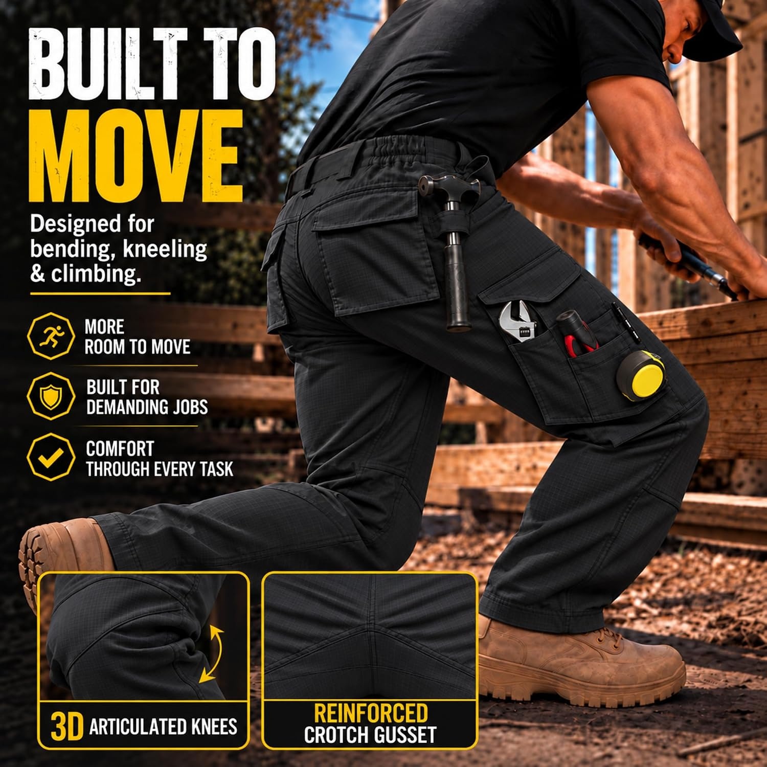 image:imageZITY Mens Work Pants 10Pocket Ripstop WaterResistant Cargo PantsBlack