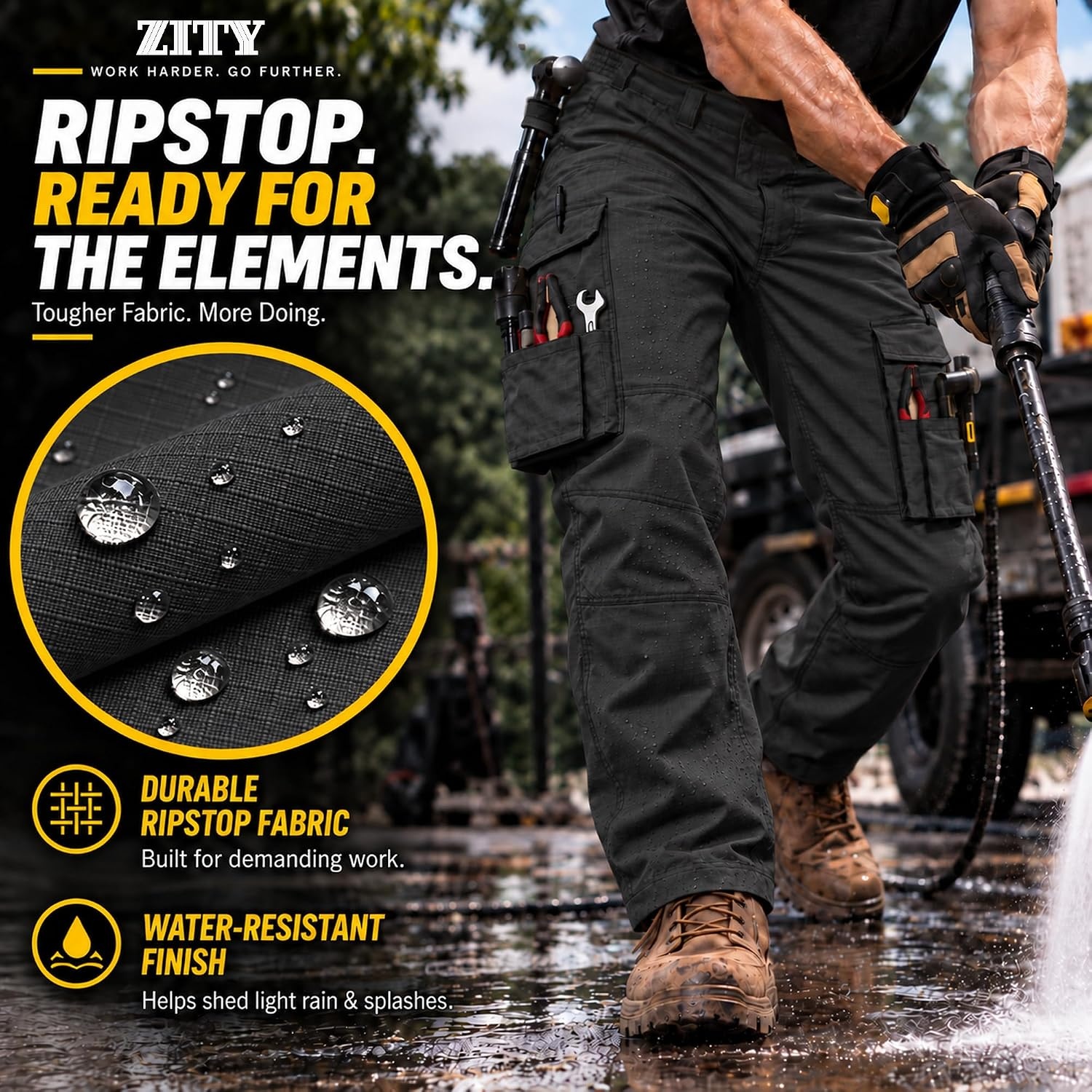 image:imageZITY Mens Work Pants 10Pocket Ripstop WaterResistant Cargo PantsBlack