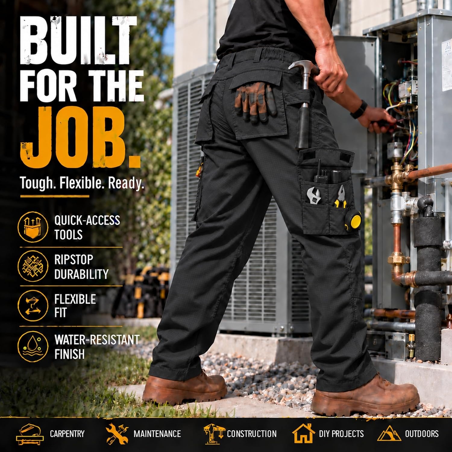 image:imageZITY Mens Work Pants 10Pocket Ripstop WaterResistant Cargo PantsBlack