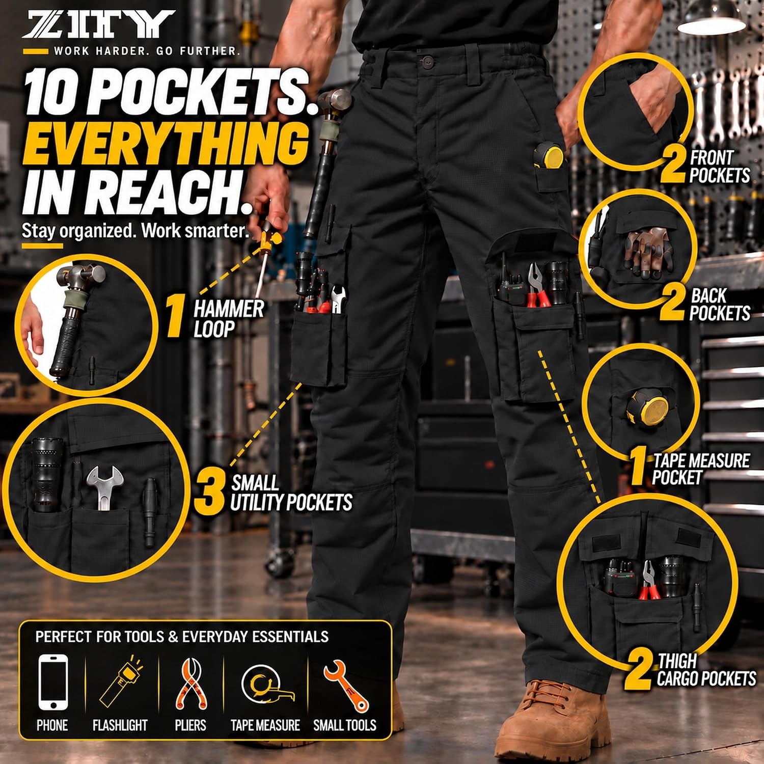 image:imageZITY Mens Work Pants 10Pocket Ripstop WaterResistant Cargo PantsBlack