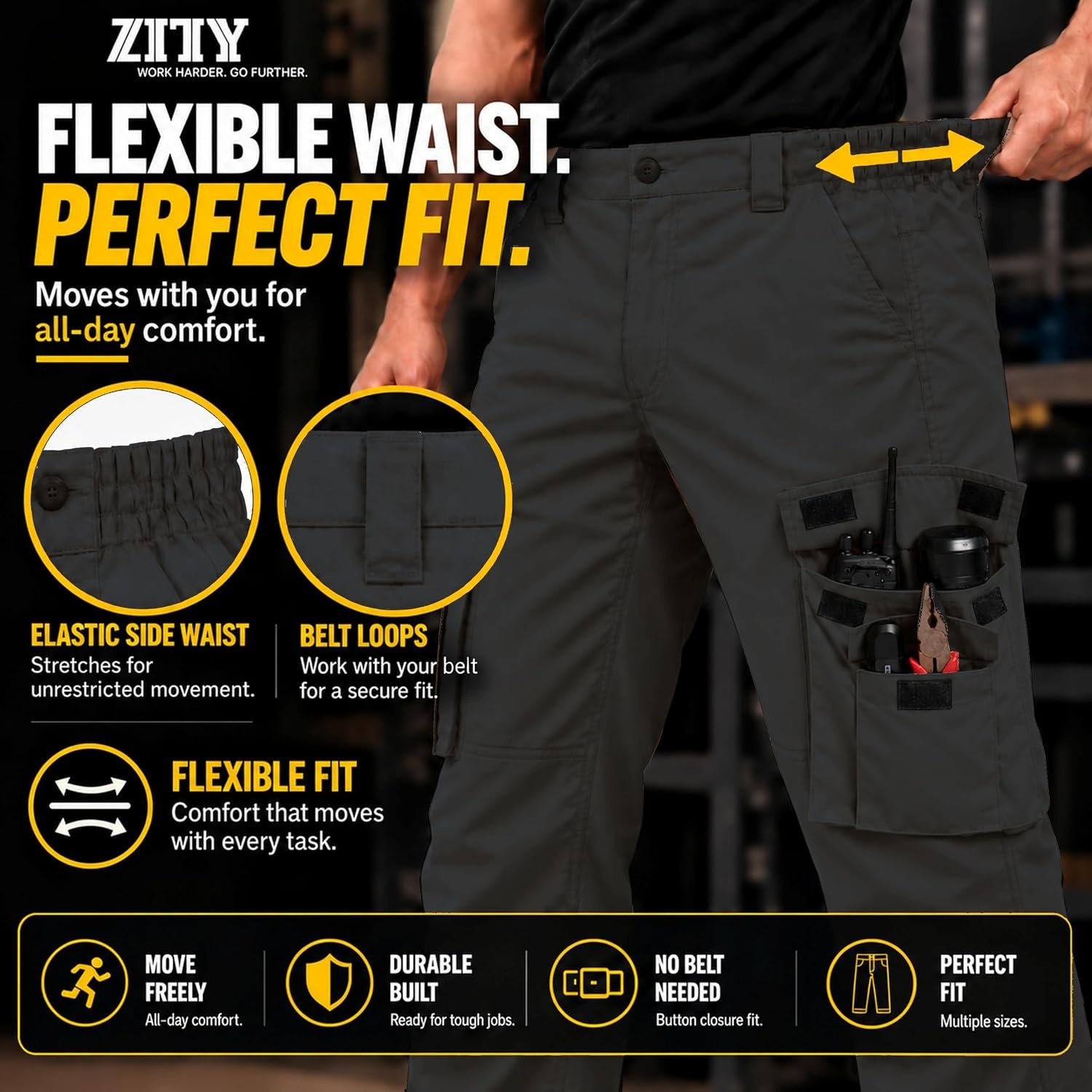 image:imageZITY Mens Work Pants 10Pocket Ripstop WaterResistant Cargo PantsBlack