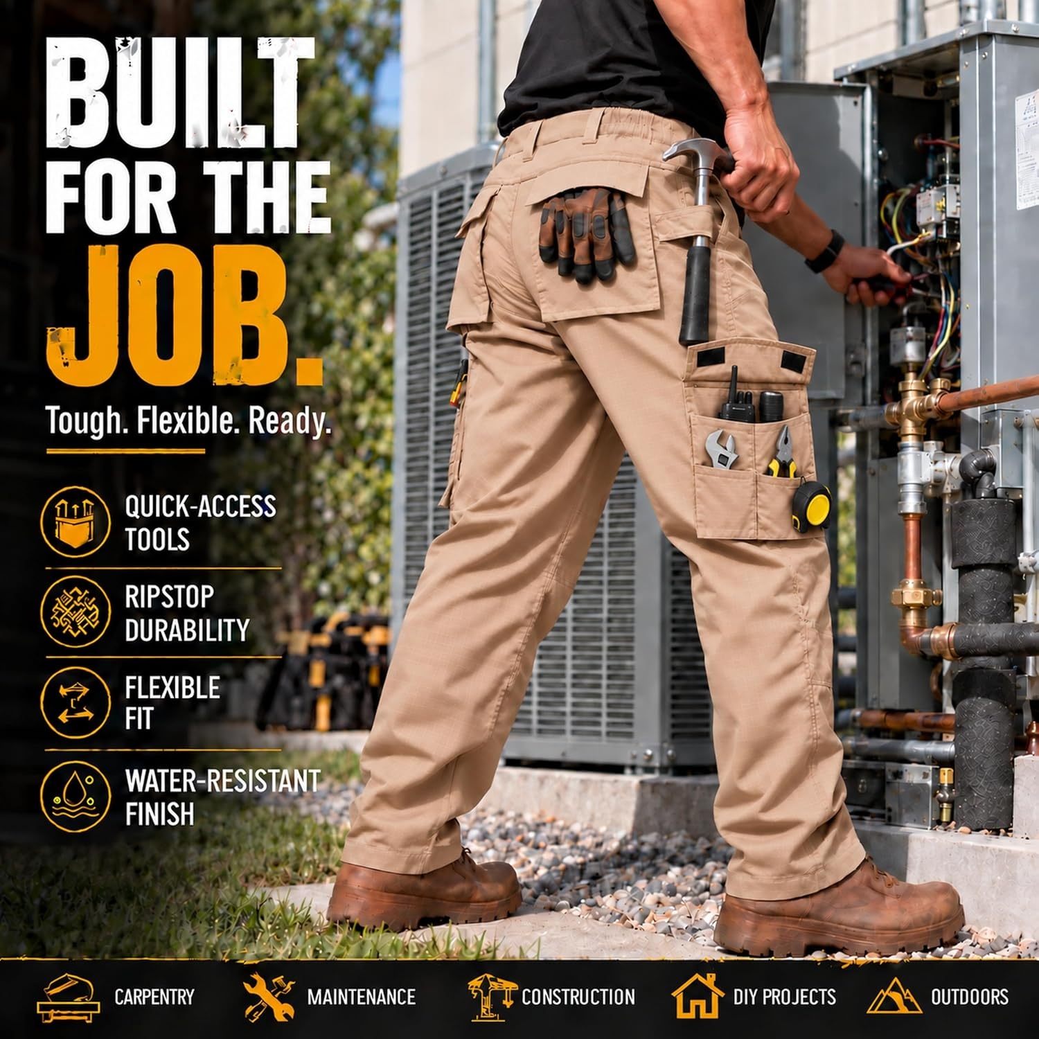 image:imageZITY Mens Work Pants 10Pocket Ripstop WaterResistant Cargo PantsLight Khaki
