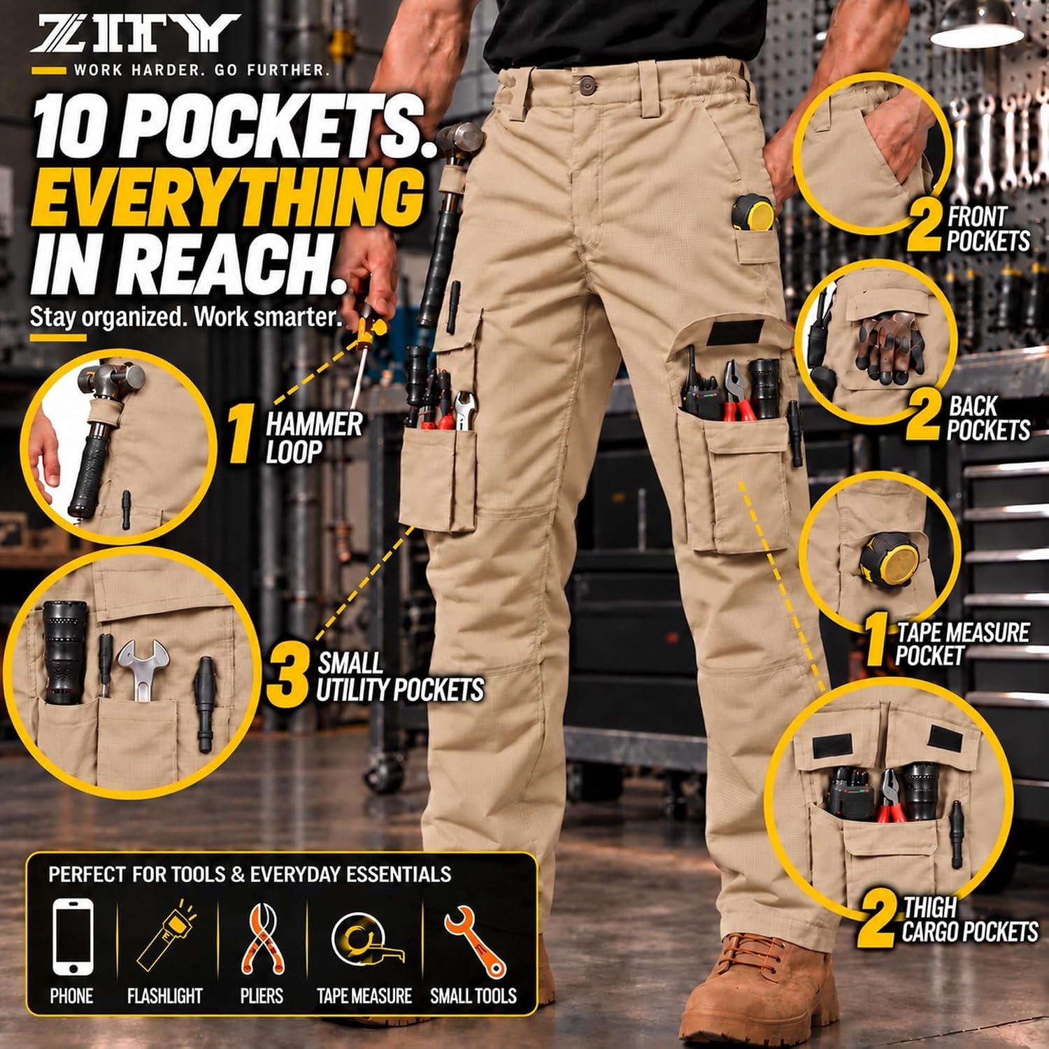 image:imageZITY Mens Work Pants 10Pocket Ripstop WaterResistant Cargo PantsLight Khaki