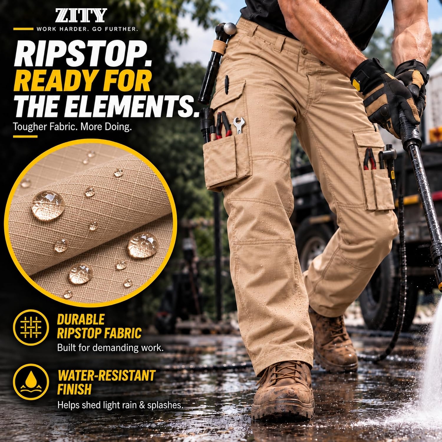 image:imageZITY Mens Work Pants 10Pocket Ripstop WaterResistant Cargo PantsLight Khaki